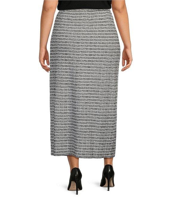 Ming Wang Plus Size Textured Knit Melange Stripe No-Roll Waist Side Slit Coordinating Maxi Skirt Product Image