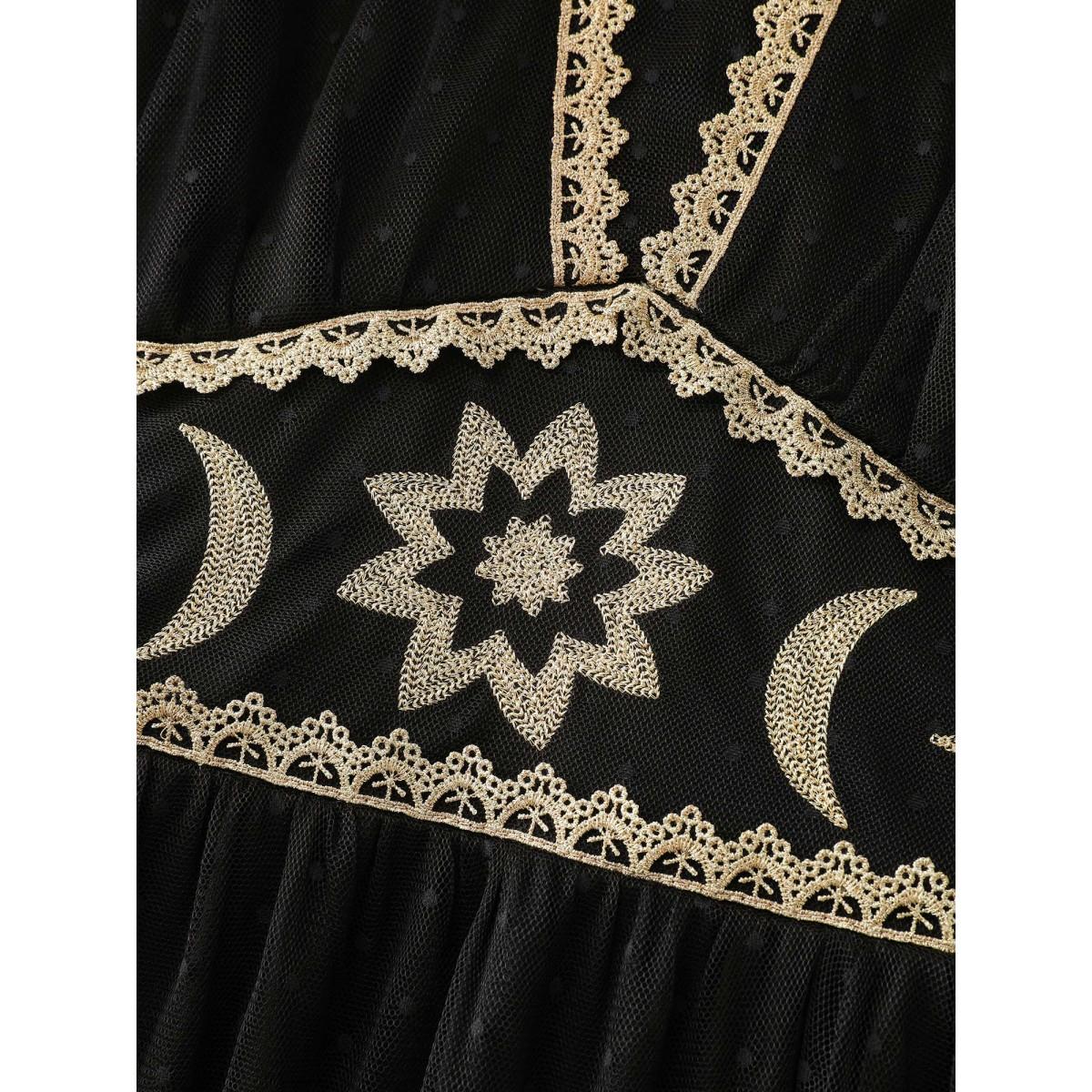 Plus Size Gold Embroidery Lace Trim Sheer Maxi Dress Black Women Timeless V-neck Long Sleeve Curvy BloomChic 22-24/3X Product Image