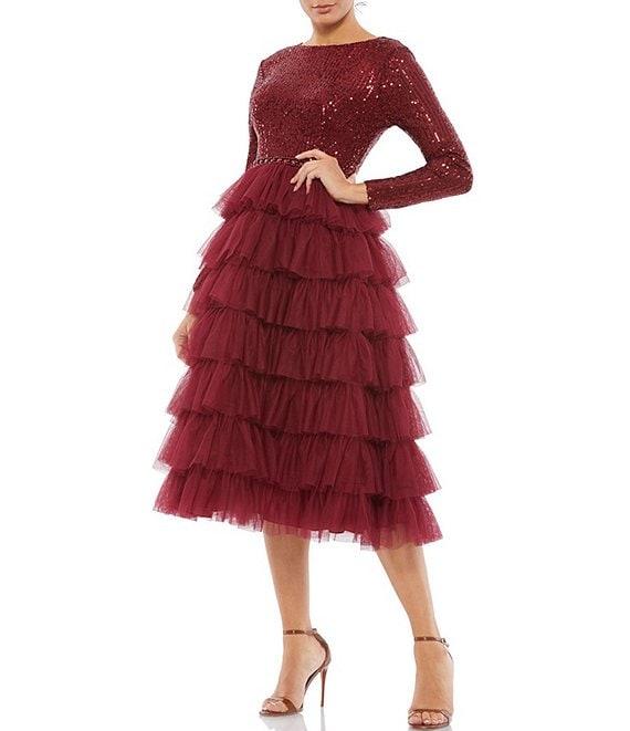 Mac Duggal Tiered Ruffle Crew Neck Long Sleeve Midi Dress Product Image