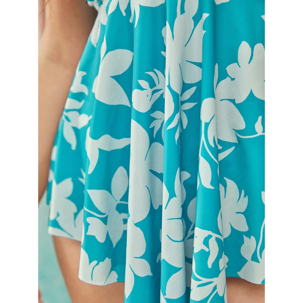 Plus Size Floral Print Asymmetrical Flutter Hem Wrap Tankini Top Women's Swimwear Arctic Vacation Adjustable Straps High stretch Bodycon Deep V-neck Curve Swim Tops BloomChic 26/4X Product Image