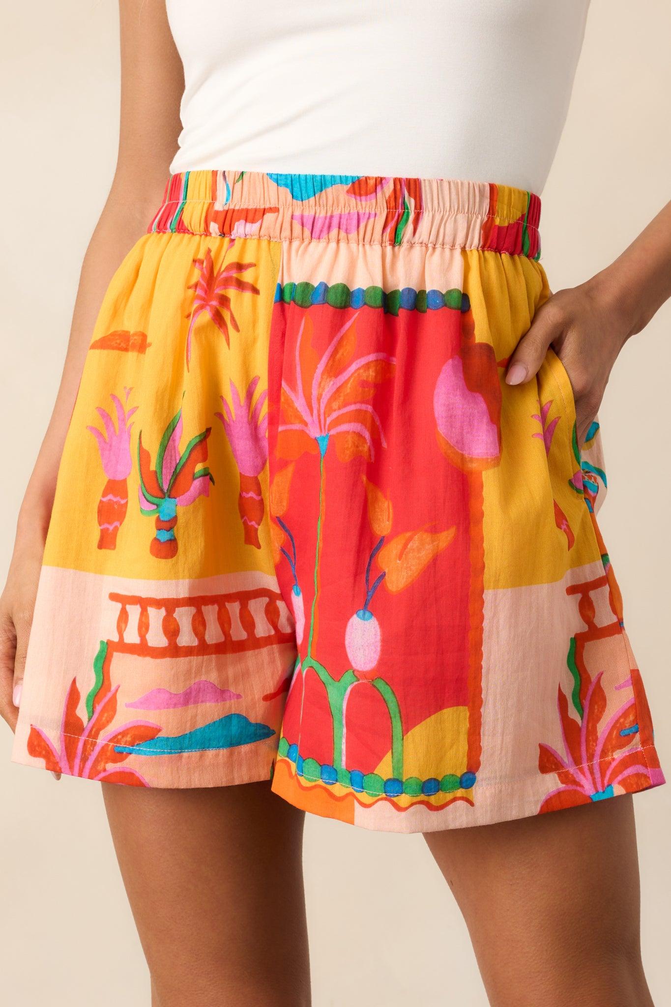 Coastal Glow Orange Tropical Print Cotton Shorts Product Image