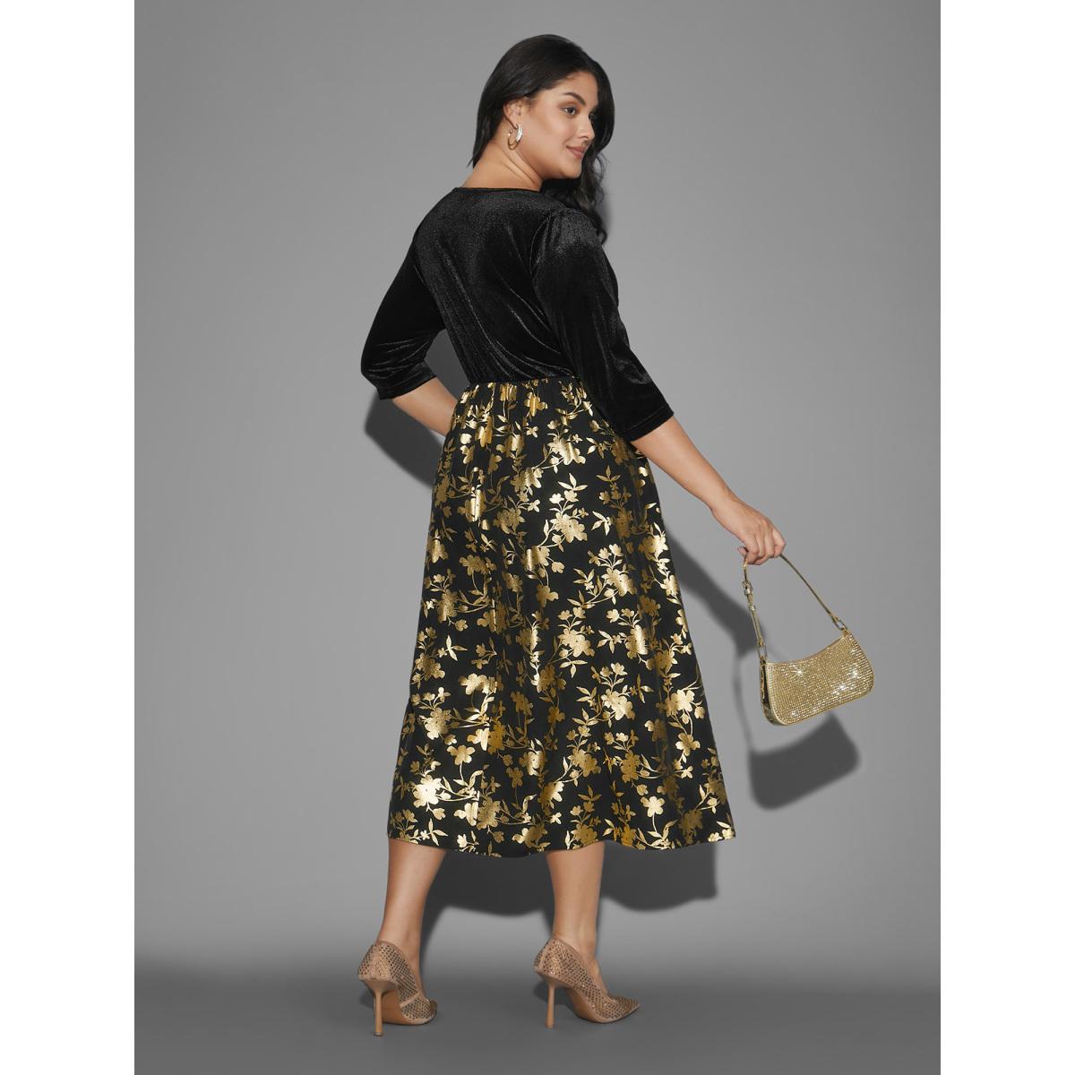 Plus Size Glitter Floral Patchwork Velvet Midi Dress Black Women Cocktail Texture Party Curvy Bloomchic 14-16/1X Product Image