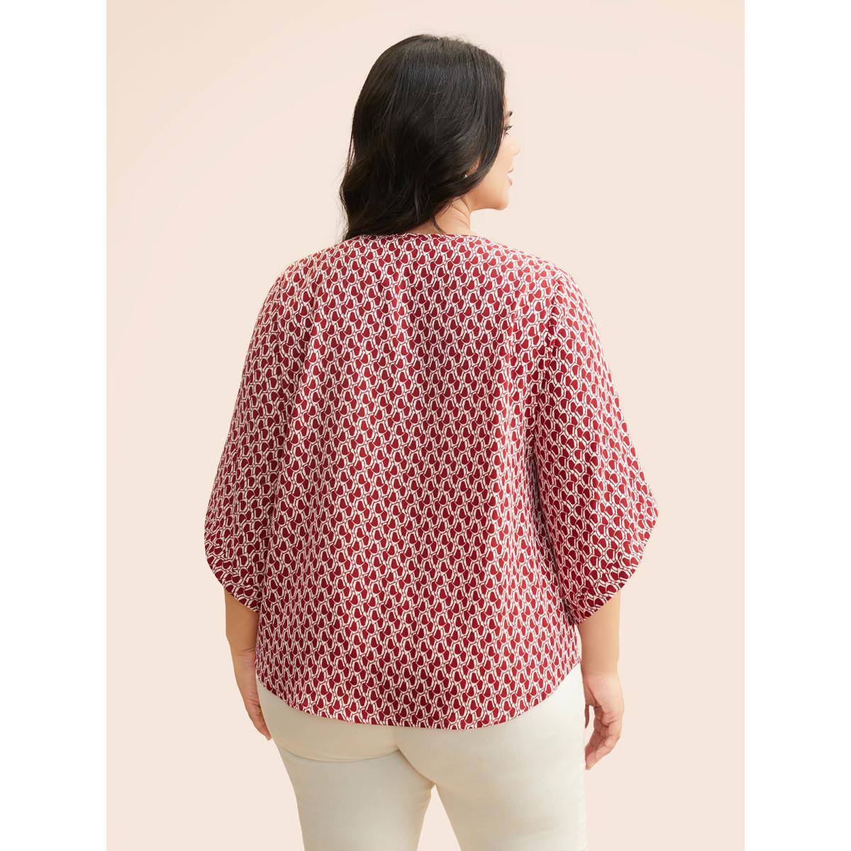 Plus Size Scarlet Geometric Round Neck Bell Sleeve Blouse Women At the Office Three Quarter Length Sleeve Round Neck Office Blouses BloomChic 28/5X Product Image