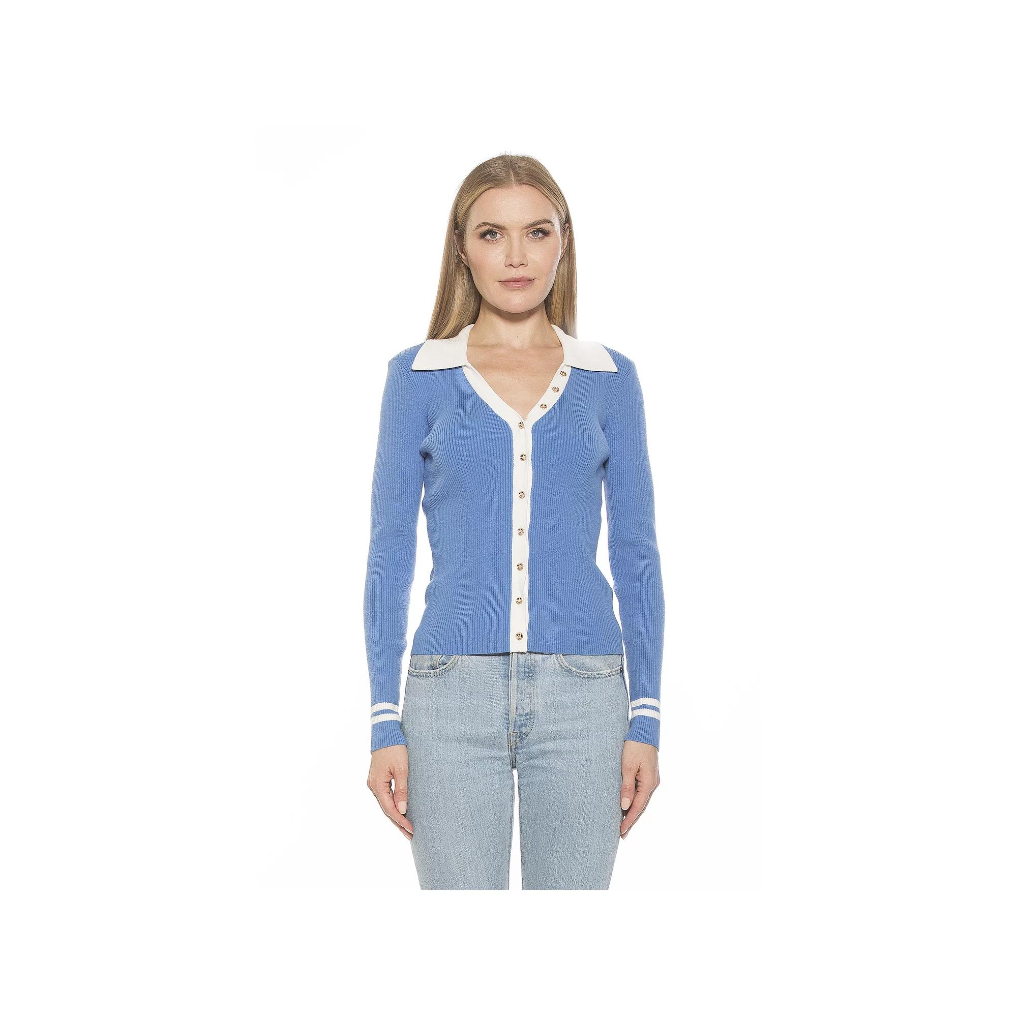 Women's ALEXIA ADMOR Charlie Collared Button Down Cardigan, Size: XL, Blue Ivory Product Image