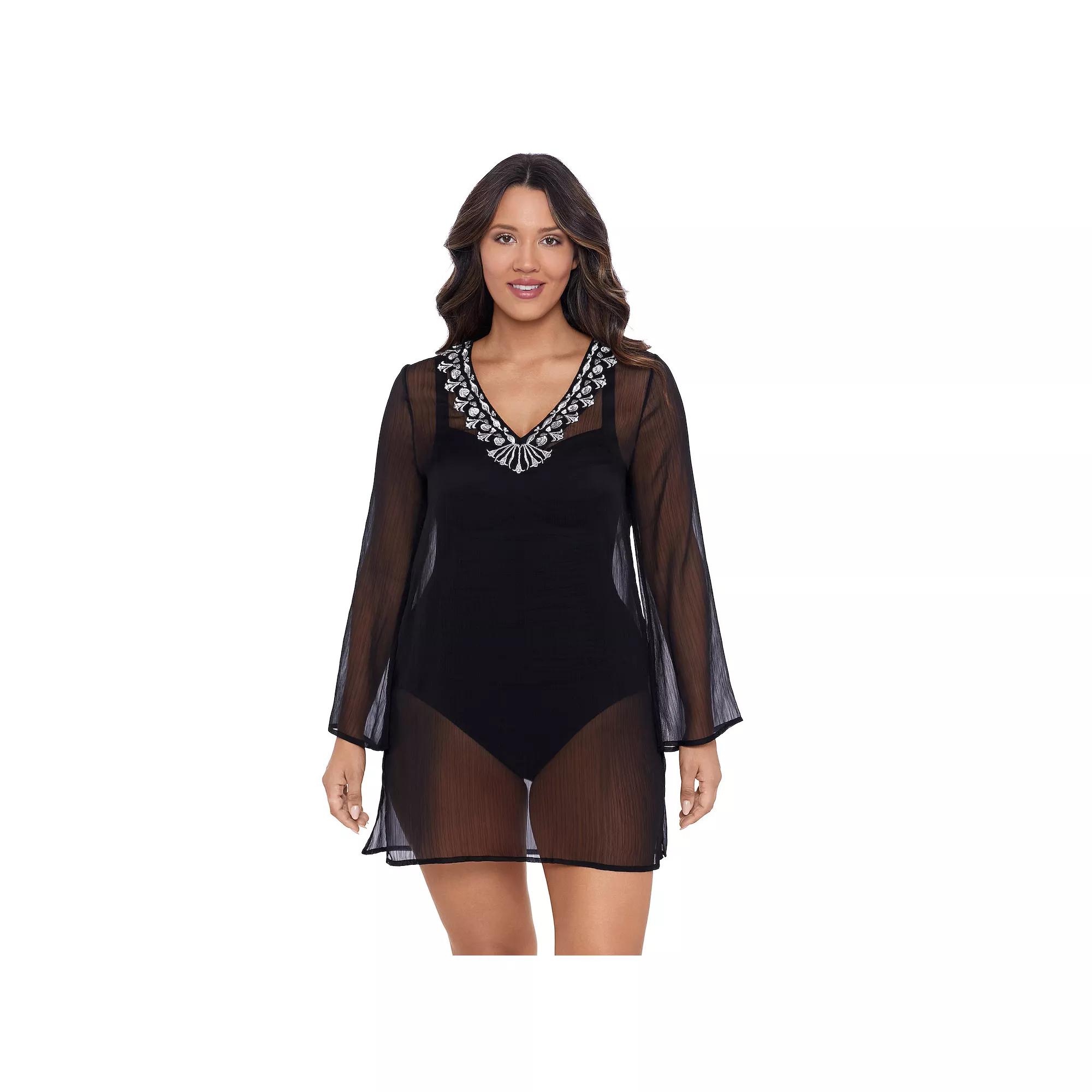 Women's Trimshaper Solid Embroidered Coverup Dress, Size: Medium, Black Product Image