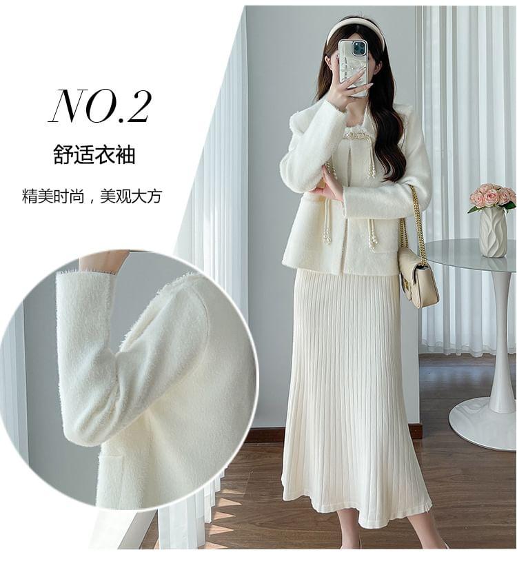 Maternity Frog Buttoned Jacket / Spaghetti Strap Knit Pleated Midi A-Line Dress / Set Product Image