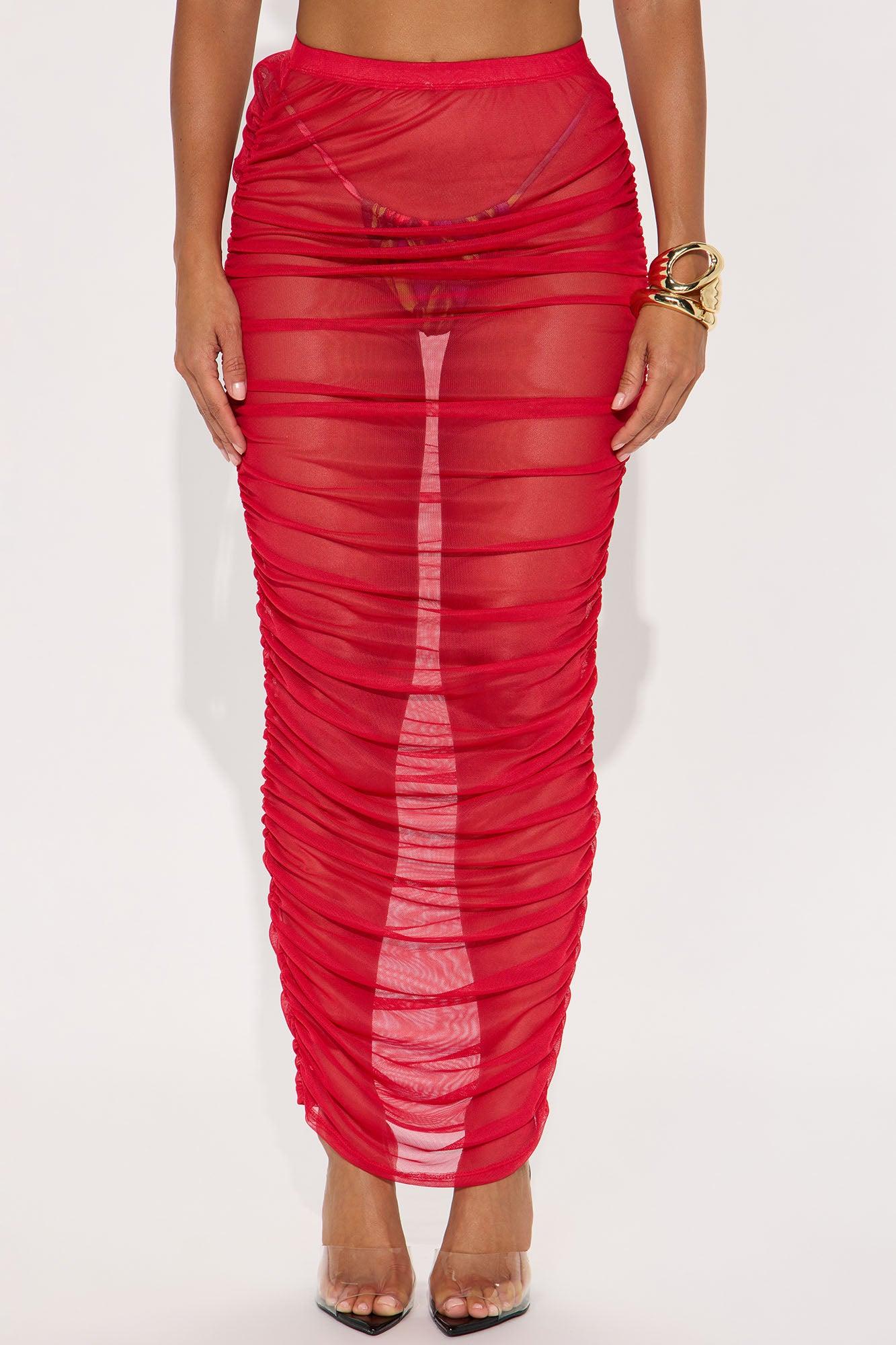 Summer Beach Party Ruched Mesh Cover Up Skirt - Red Product Image