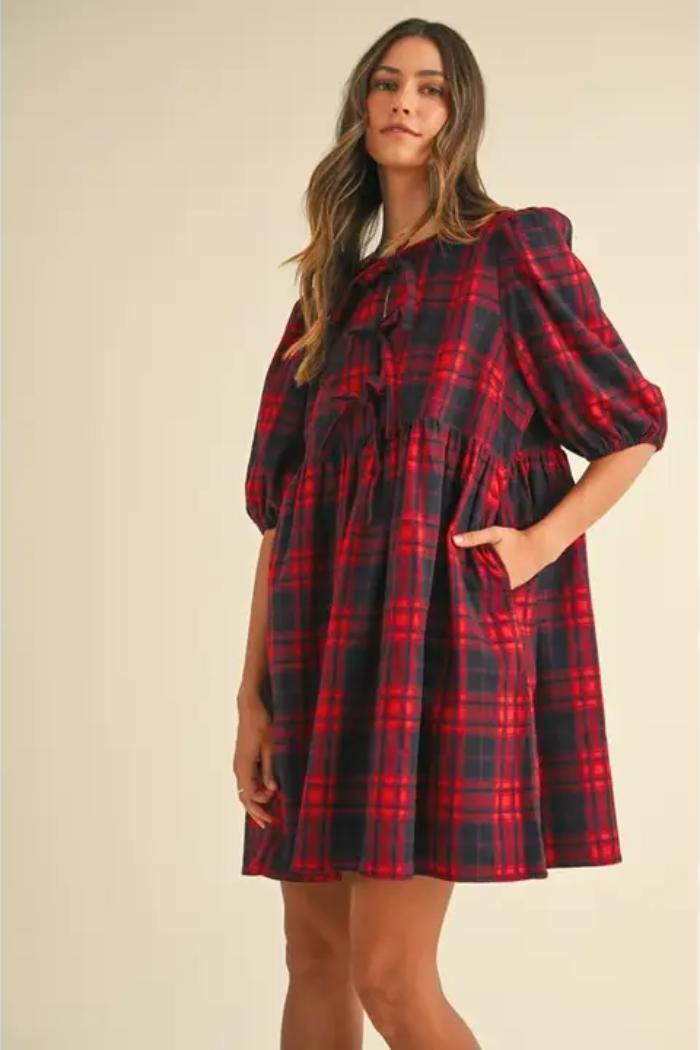 Plaid Ribbon Tie Mini Dress Product Image