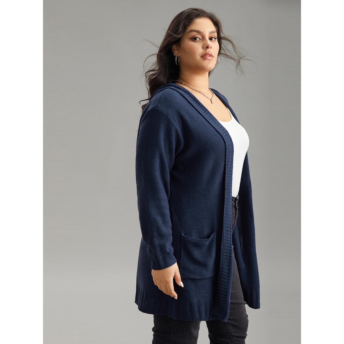 Plus Size Plain Texture Pocket Hooded Cardigan Aegean Women Casual Loose Long Sleeve Dailywear Cardigans BloomChic 10/M Product Image