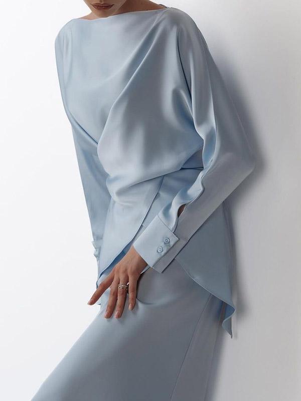 Loose Solid Color Split-Joint Boat Neck Long Sleeves Blouse & Shirt + Skirt Two Pieces Set Product Image