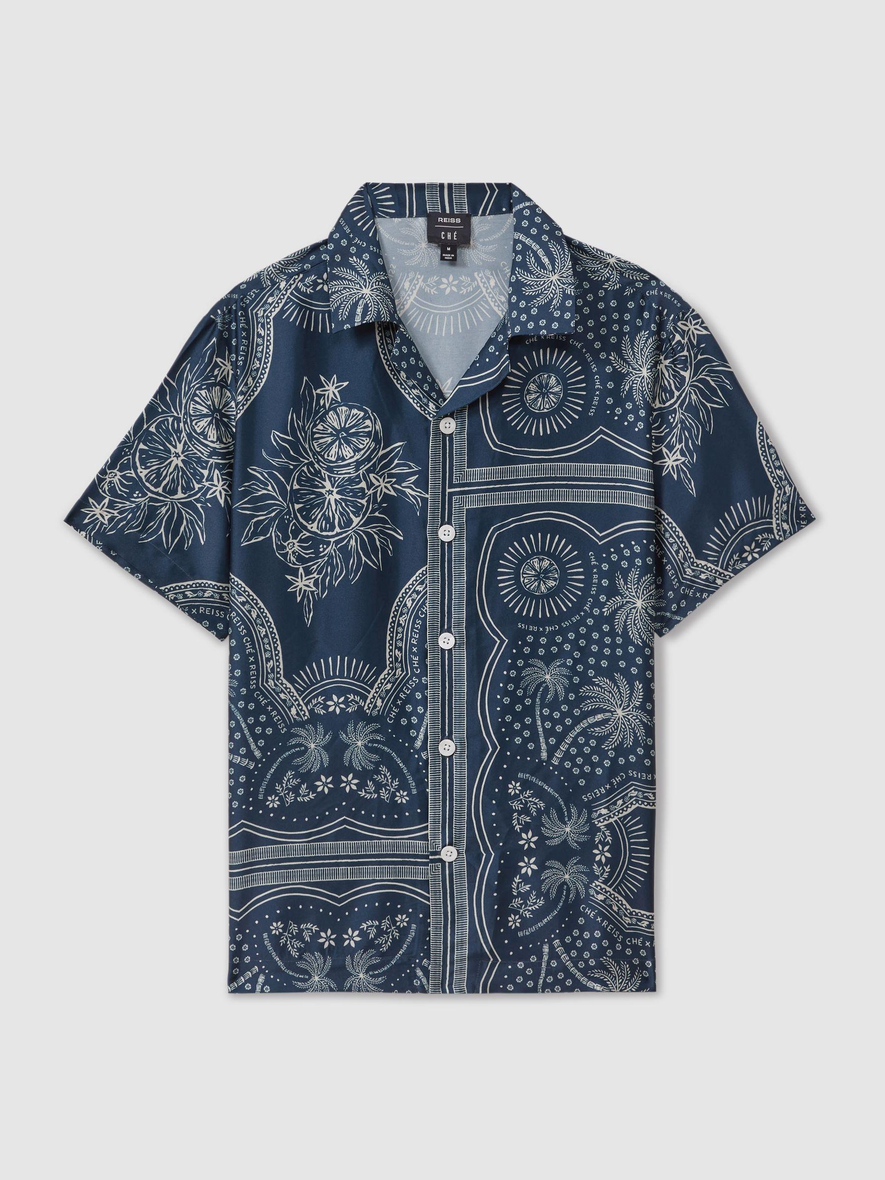 Reiss | Ché Printed Cuban Collar Shirt in Navy/White Product Image