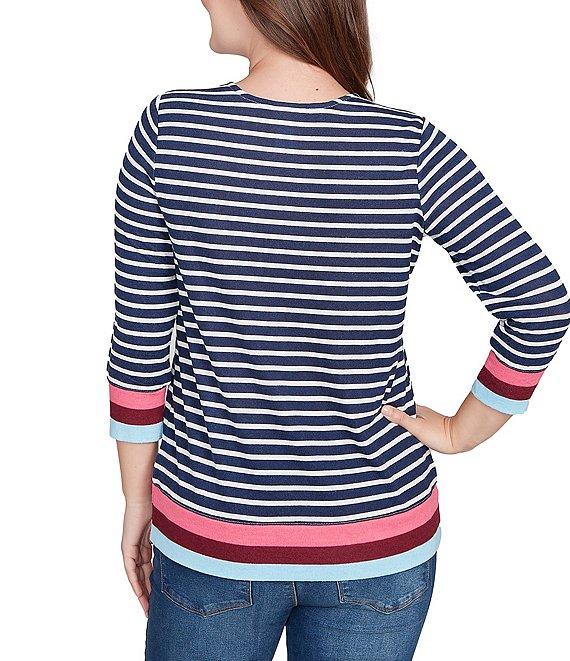 Ruby Rd. Petite Size Knit Stripe Square Neck 3/4 Sleeve Side Slit Top Product Image