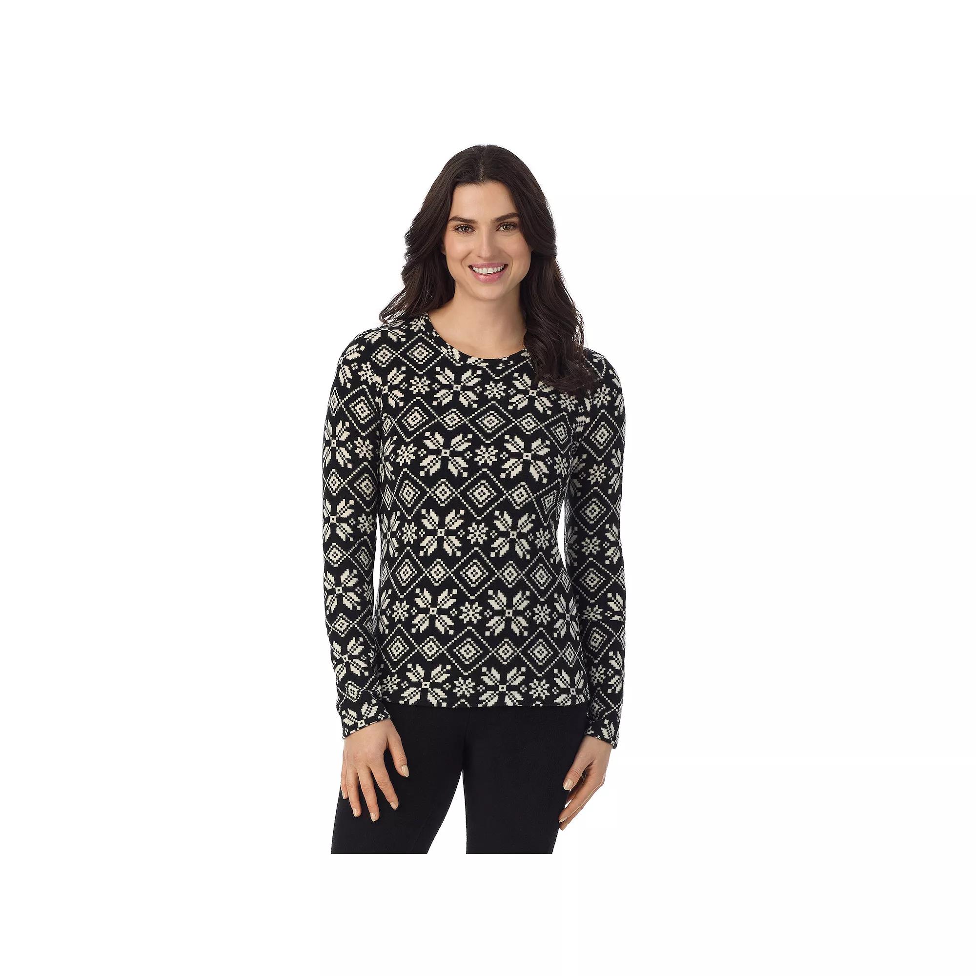 Women's Cuddl Duds® Fleecewear With Stretch Long Sleeve Top, Size: Large, Black White Snowflake Product Image