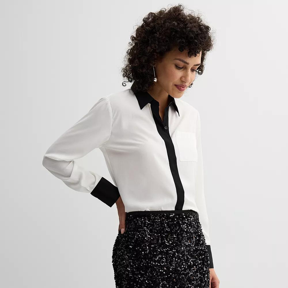 Women's Nine West Drapey Button Down Shirt, Size: XL, White Black Product Image