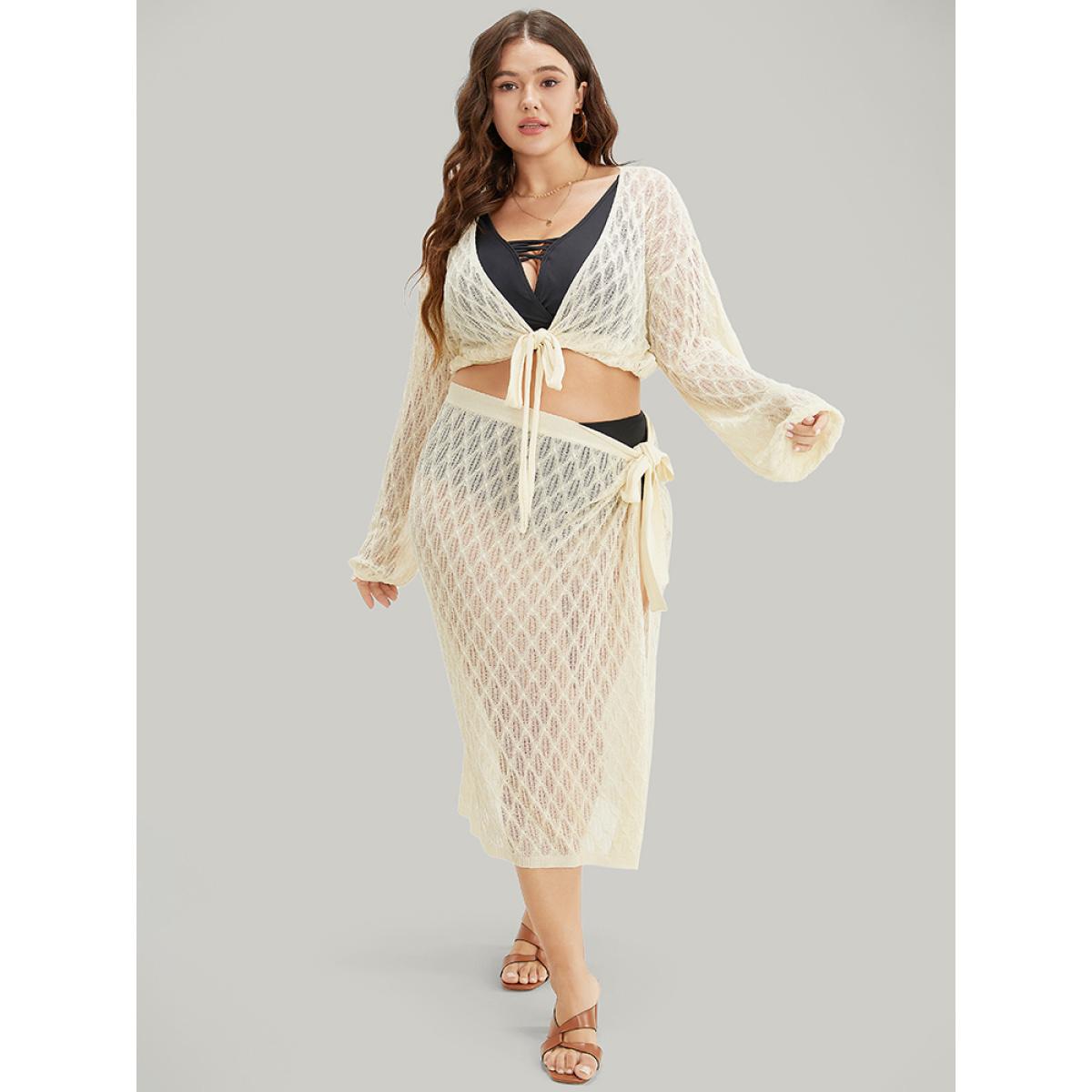 Plus Size Plain Argyle Eyelet Knotted Open Front Cardigan Beige Women Vacation Long Sleeve Going out Cardigans BloomChic 26/4X Product Image