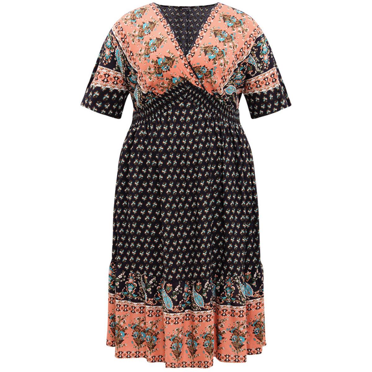 Plus Size Bandana Print Wrap Shirred Batwing Sleeve Dress DarkBlue Women Vacation Printed V-neck Short sleeve Curvy Midi Dress BloomChic 10/M Product Image