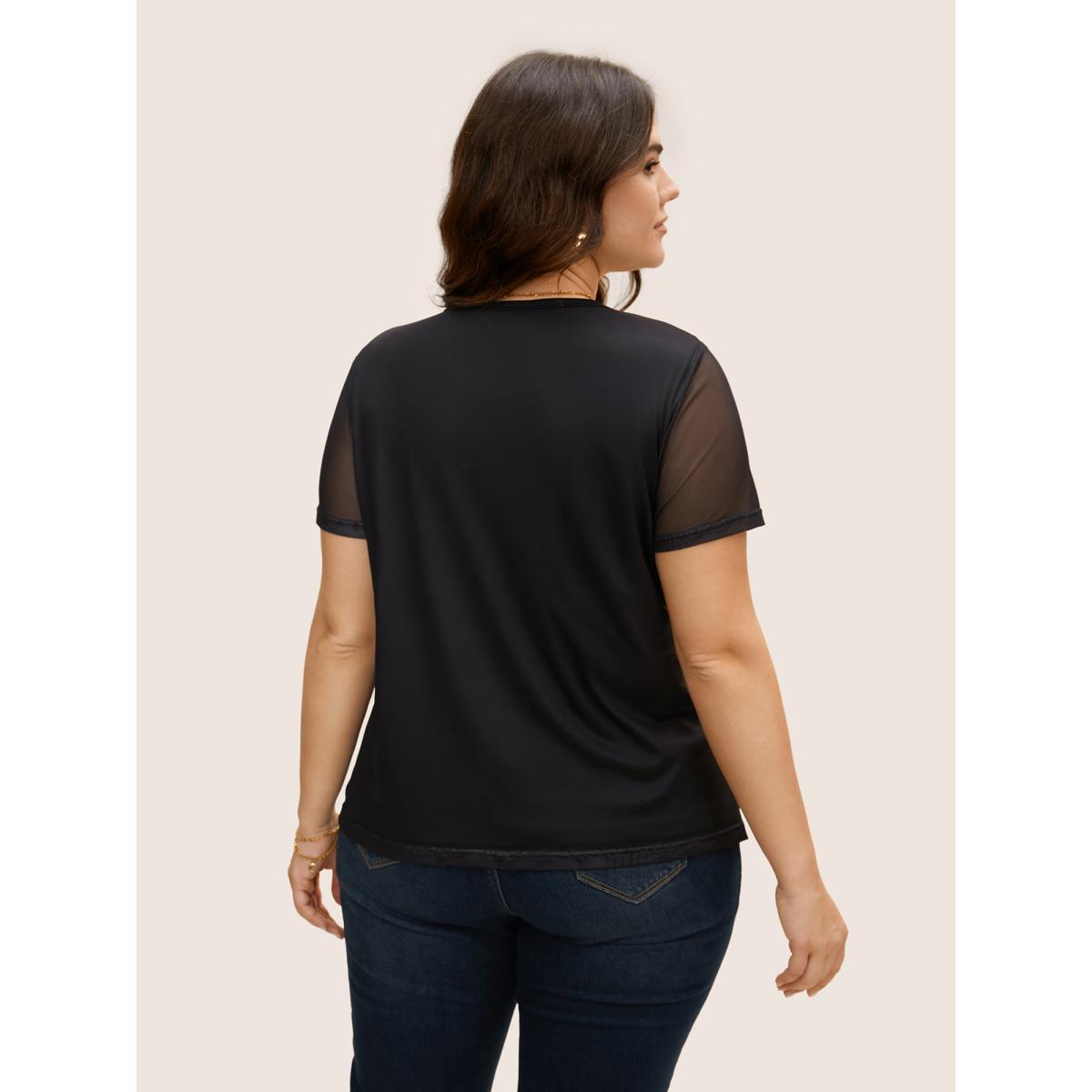 Plus Size Round Neck Lily Print Patchwork Mesh T-shirt Black Women Elegant See through Natural Flowers Round Neck Everyday T-shirts BloomChic 14-16/1X Product Image