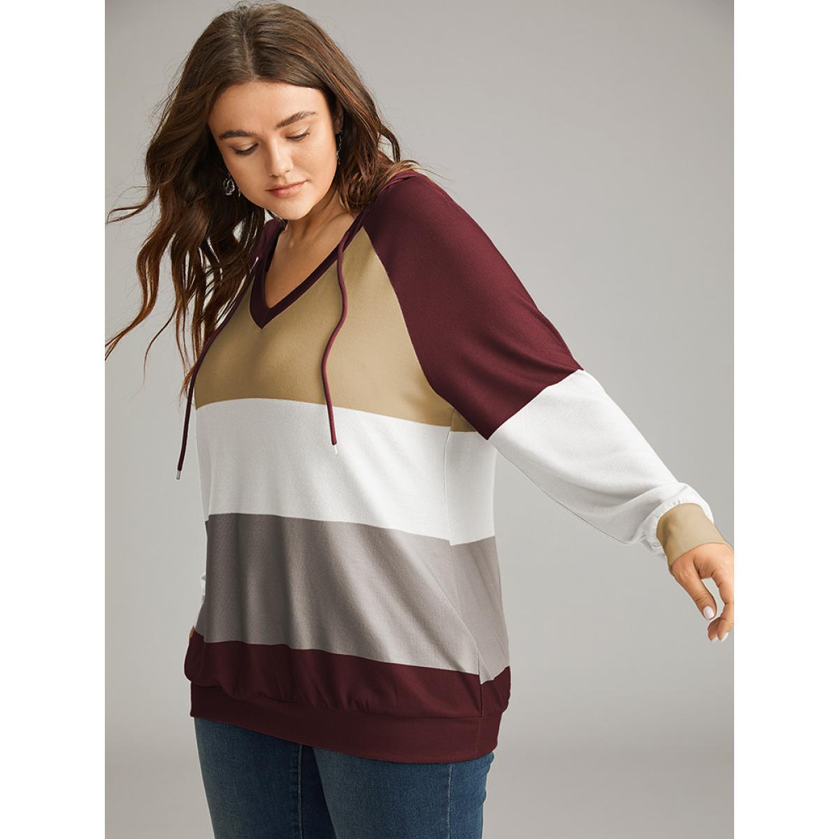 Plus Size Colorblock Contrast Hooded Drawstring Sweatshirt Women Red Casual Contrast Hooded Dailywear Sweatshirts BloomChic 22-24/3X Product Image