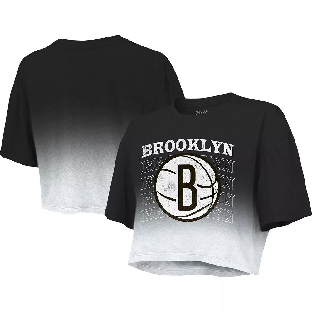 Women's Majestic Threads Black/White Brooklyn Nets Repeat Dip-Dye Cropped T-Shirt,  Product Image