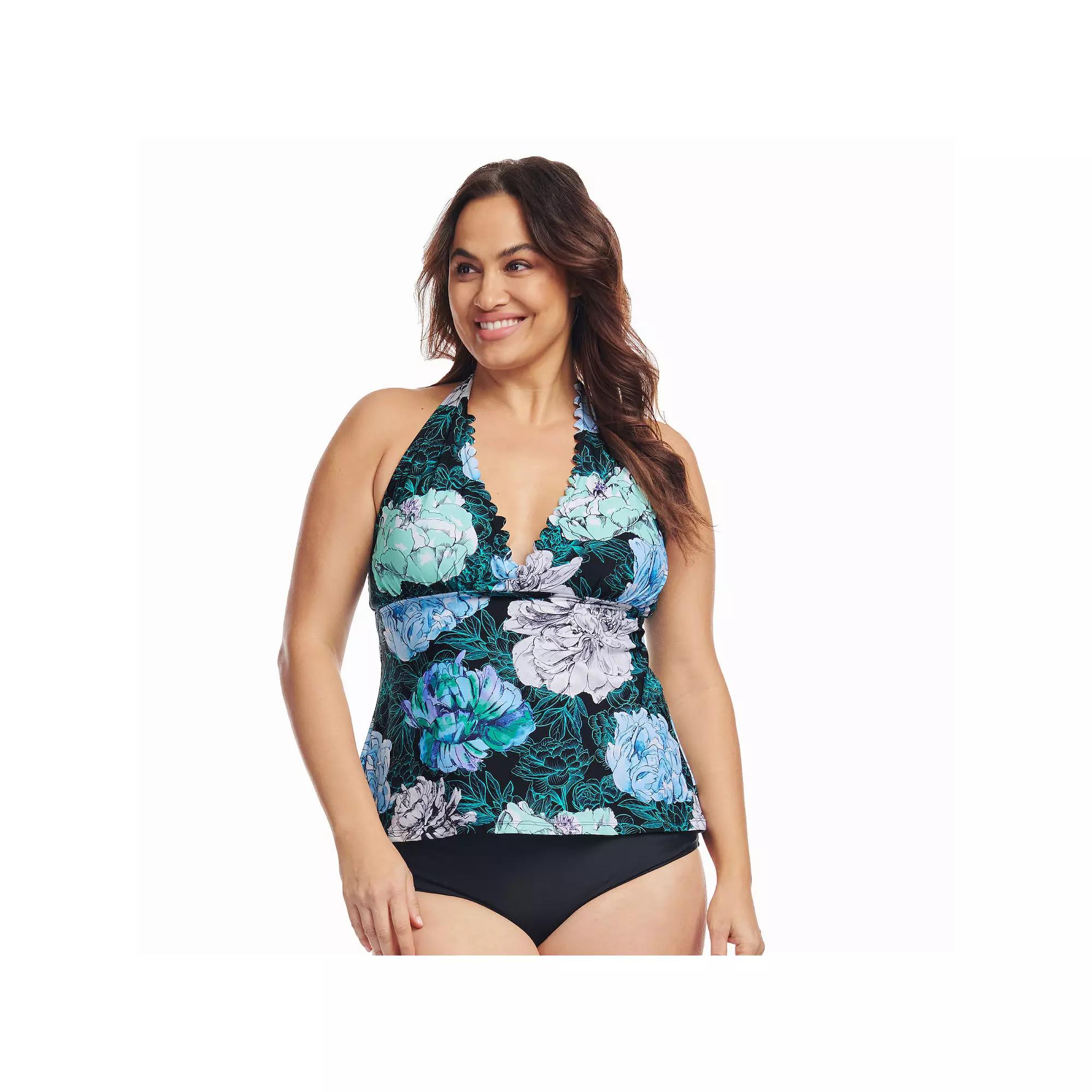 Plus Size Mazu Spring Peony Scallop Halter Tankini Swim Top, Womens Product Image