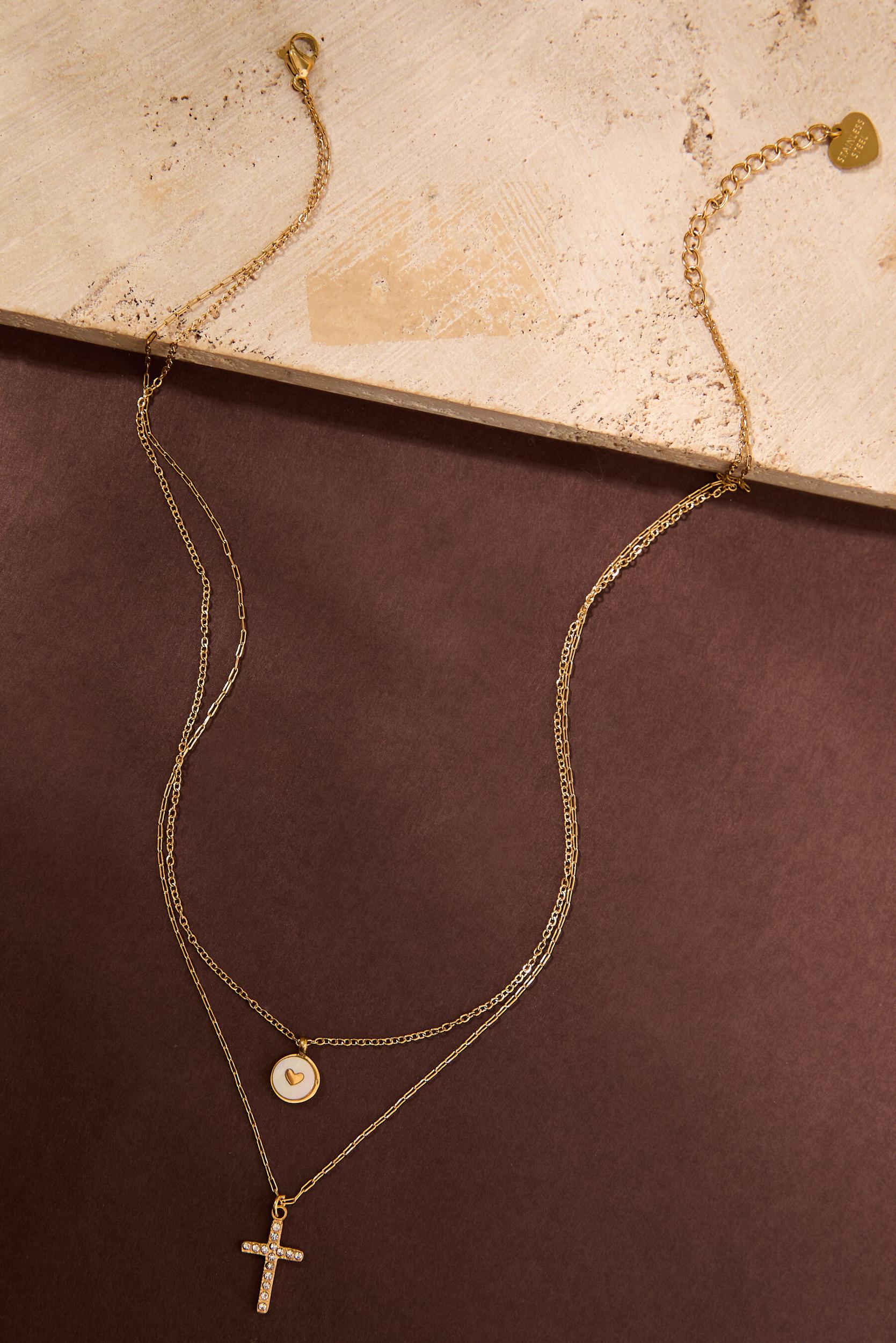 Stainless Steel Layered Cross Heart Necklace Product Image