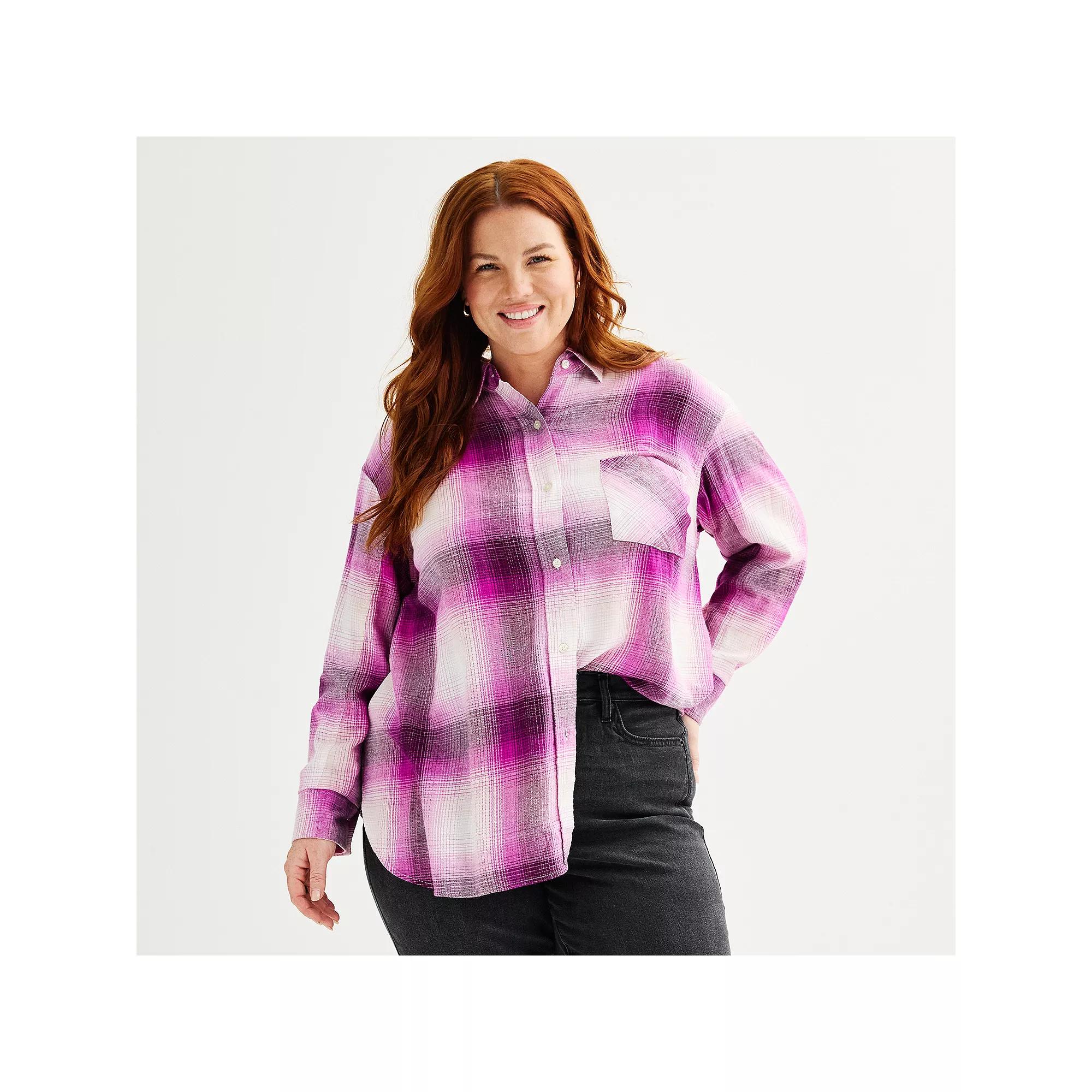 Plus Size Sonoma Goods For Life® Oversized Boyfriend Flannel Shirt, Women's, Size: 1XL, Moss Green Plaid Product Image