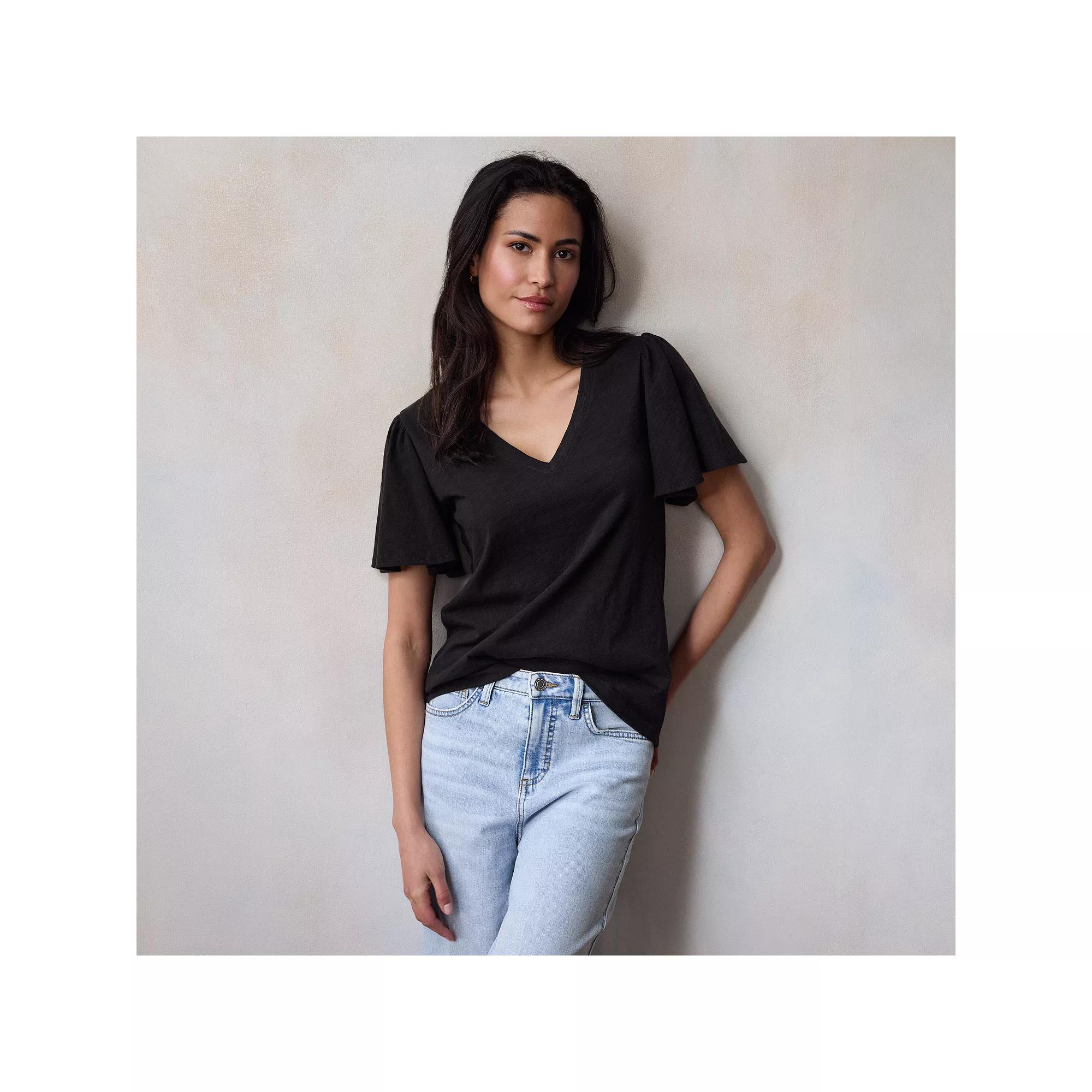 Women's LC Lauren Conrad V-Neck Flutter Sleeve Top, Size: Large, Black Ore Product Image