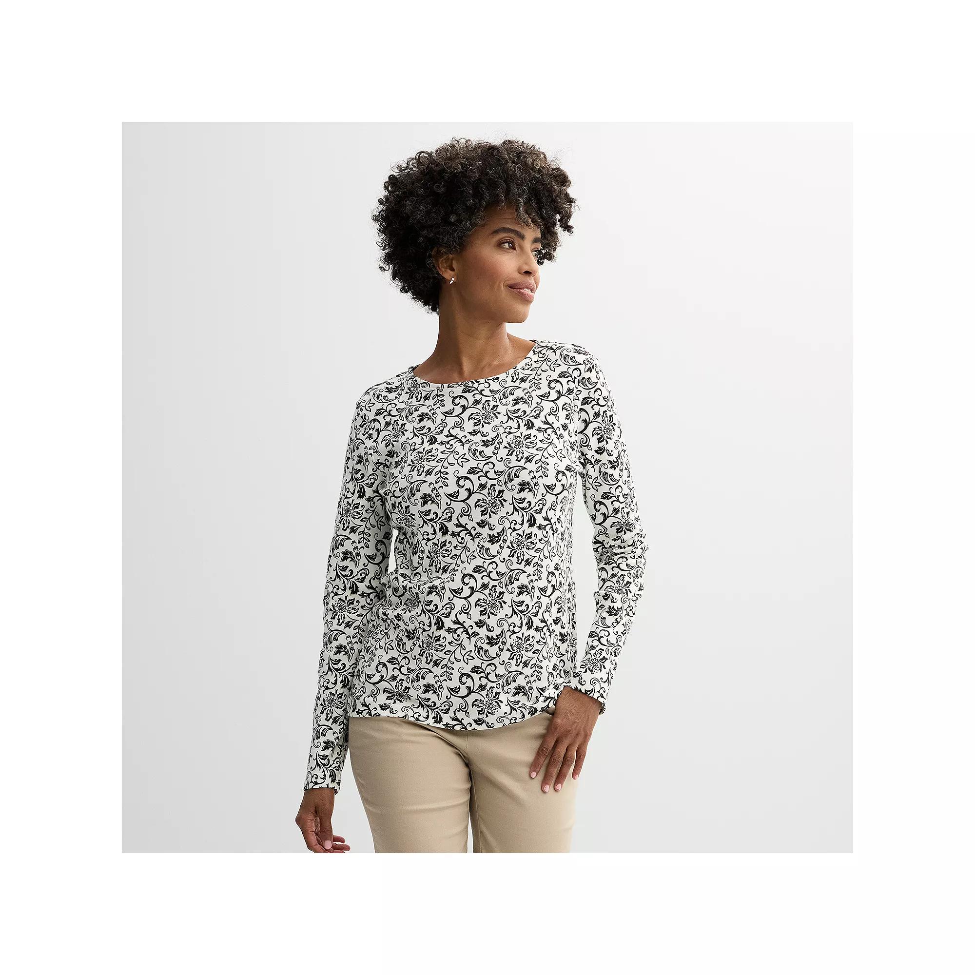 Women's Croft & Barrow® Essential Long-Sleeve Crewneck Tee, Size: Small, Ivory Black Scroll Product Image