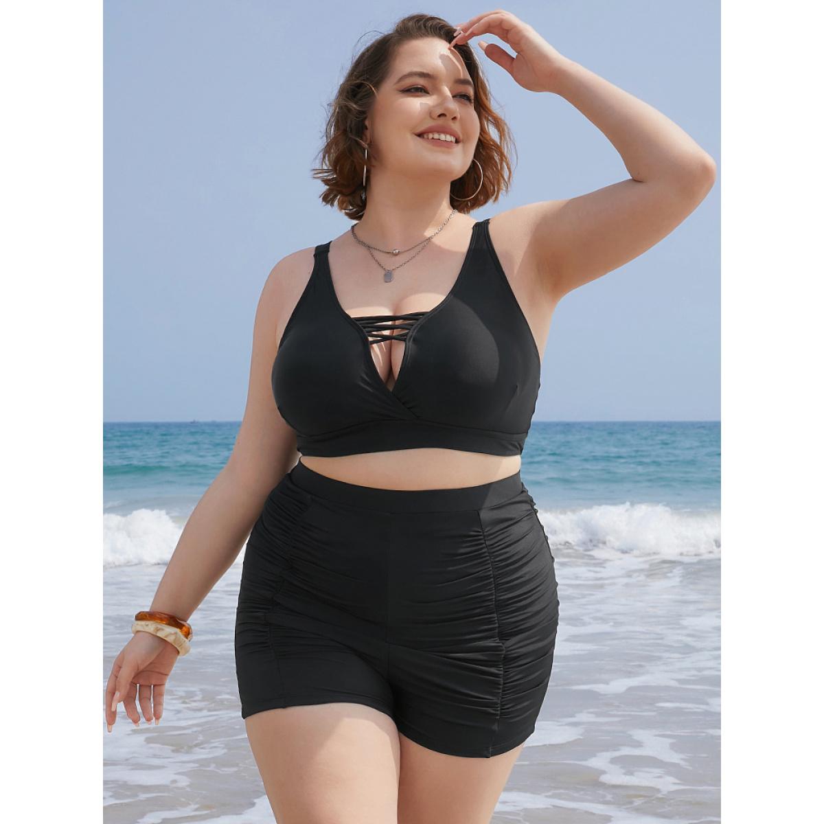 Plus Size Solid High Waist Ruched Detail Swim Shorts Women's Swimwear Black Beach Gathered High stretch Skinny High Rise Curve Swim Bottoms BloomChic 26/4X Product Image