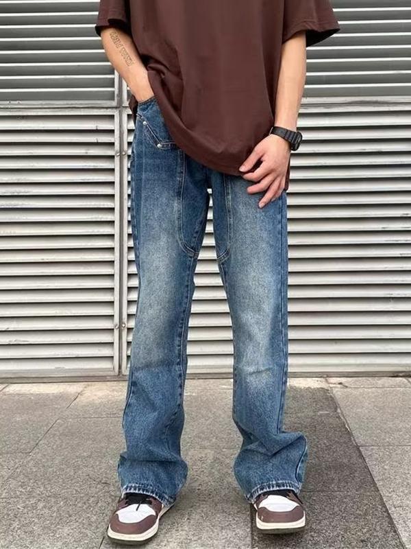 Men's Vintage Wash Splice Straight Leg Jeans Product Image