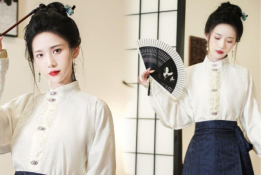 Long-Sleeve Plain Hanfu Top / High Waist Floral Maxi Ma Mian Skirt / Set Product Image
