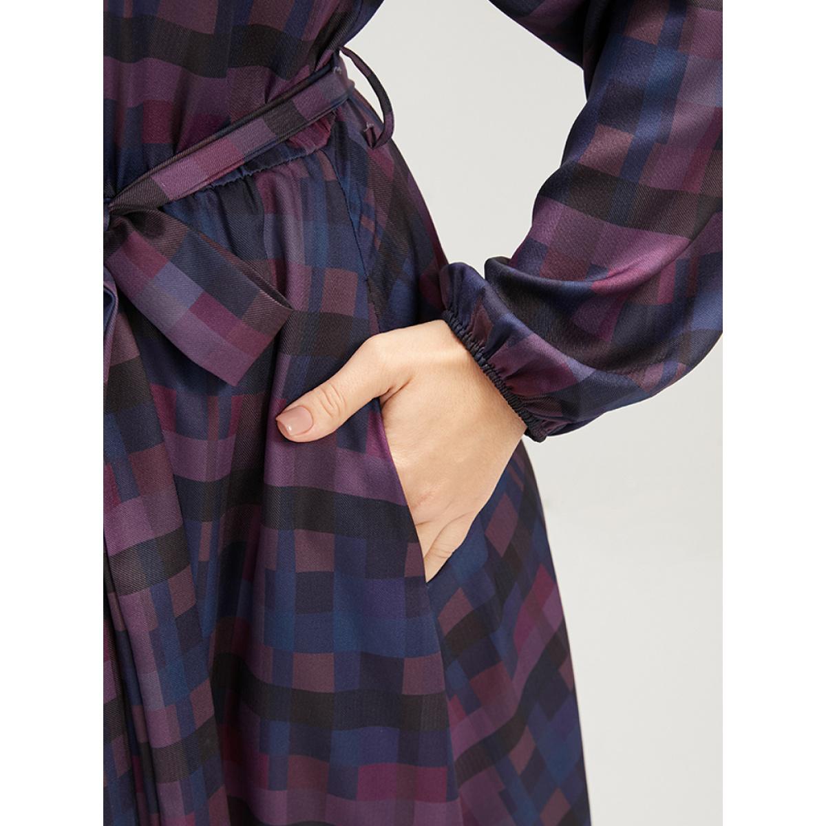 Plus Size Plaid Contrast Button Up Pocket Lantern Sleeve Belted Dress Multicolor Women Elegant Button V-neck Long Sleeve Curvy Midi Dress BloomChic 22-24/3X Product Image