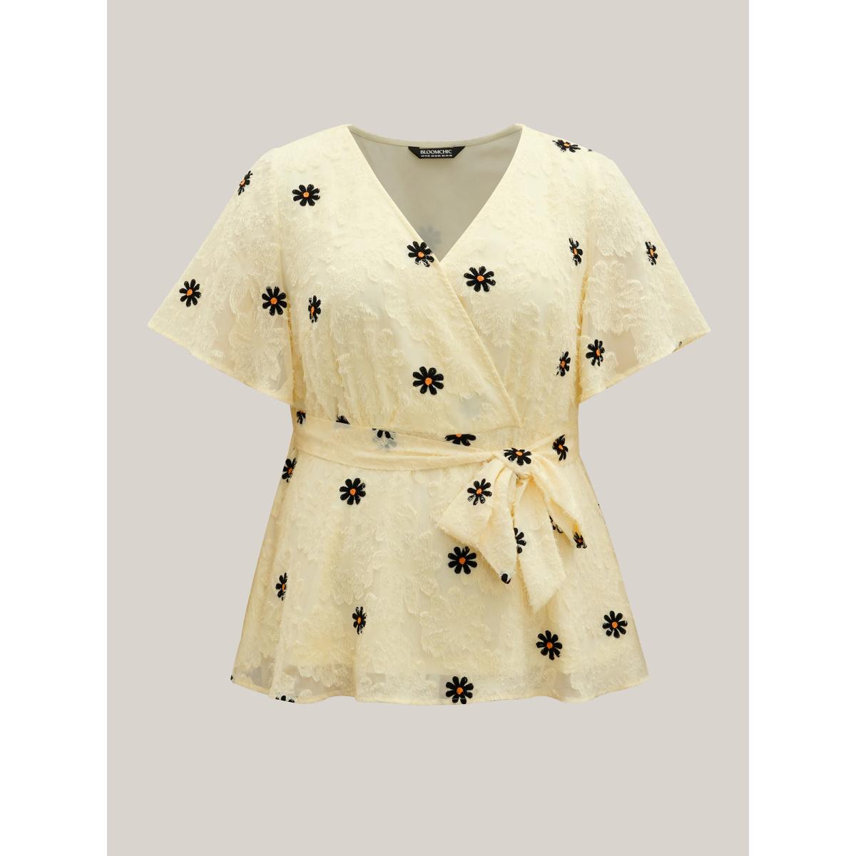 Plus Size Beige Textured Embroidery Surplice Belted Blouse Women Short sleeve Overlap Collar Everyday-Elegant Blouses BloomChic 26/4X Product Image