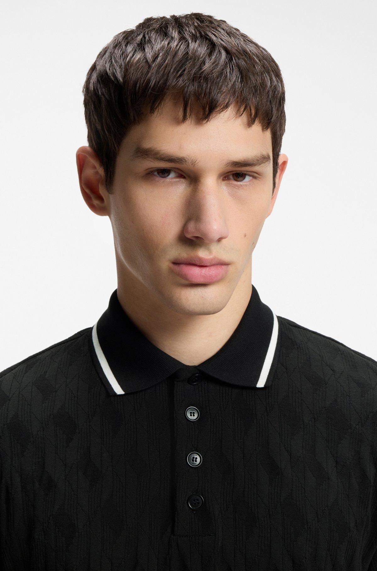 Stripe-collar polo shirt in cotton jacquard Product Image