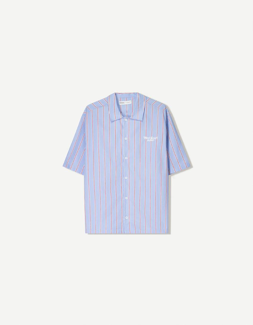 Embroidered striped short sleeve shirt Product Image