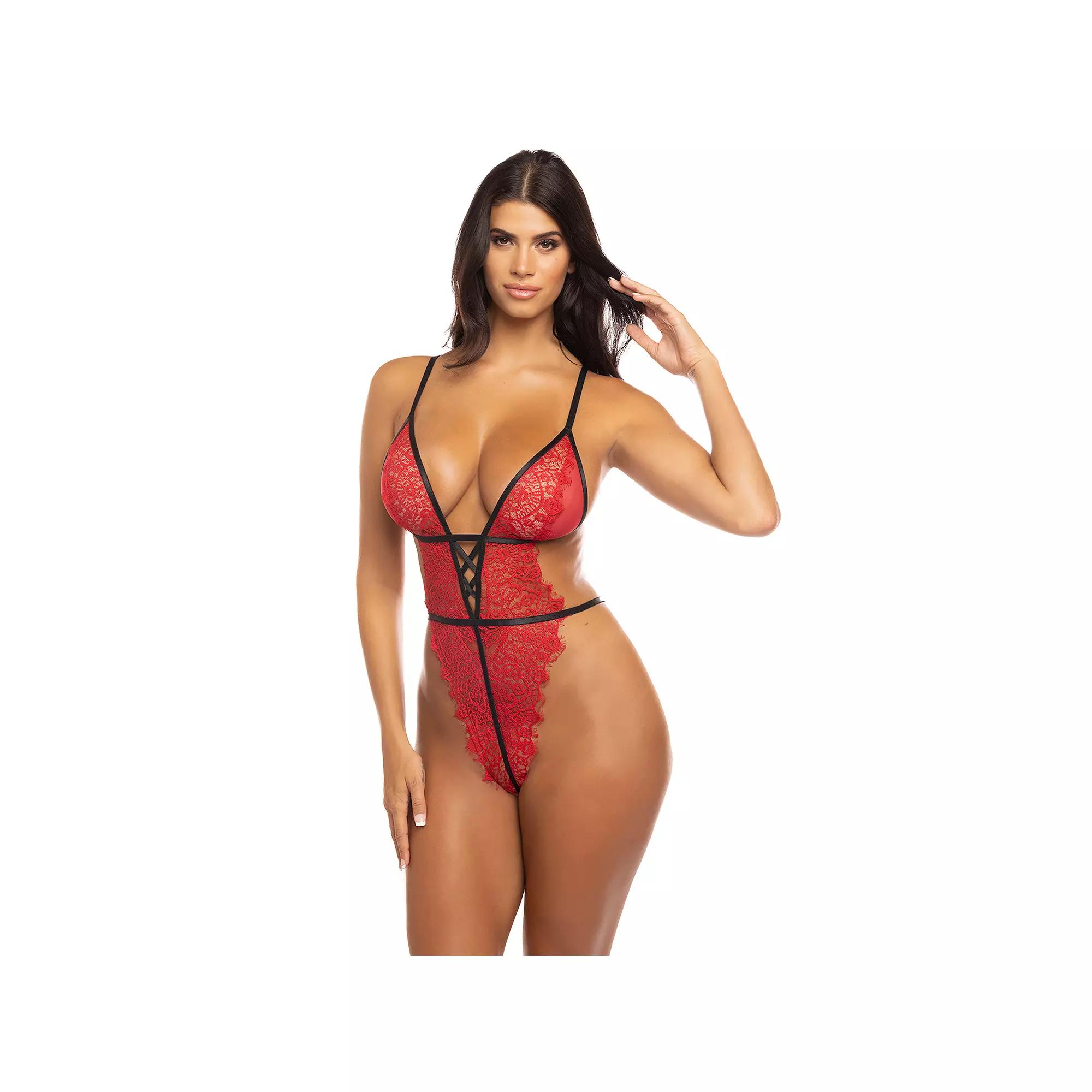 Women's Oh La La Cheri Scalloped Lace Multistrap Bodysuit 50-11748, Size: Small-Medium, Red Black Product Image