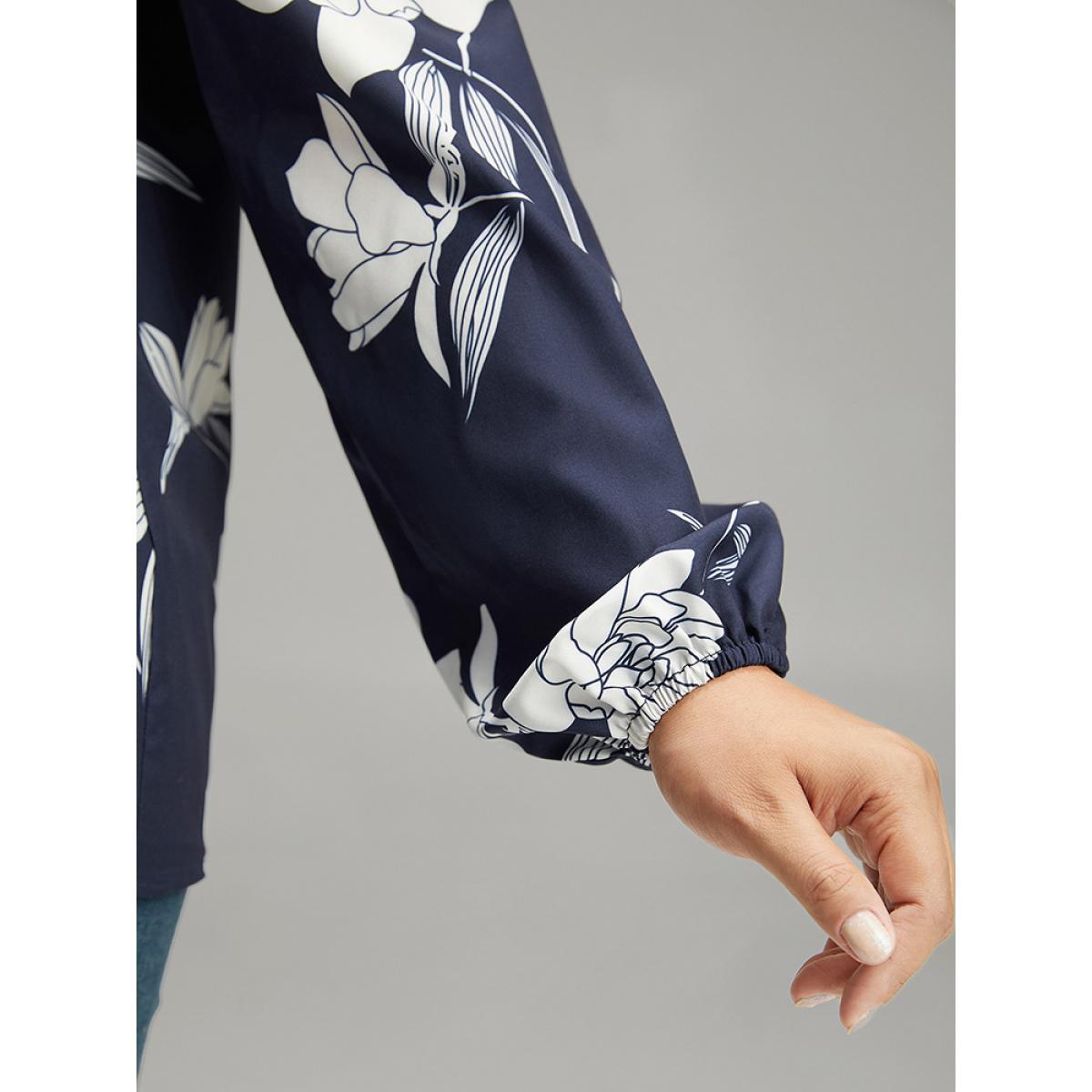 Plus Size Indigo Silhouette Floral Print Frill Trim Pleated Blouse Women Elegant Long Sleeve Round Neck Dailywear Blouses BloomChic 10/M Product Image