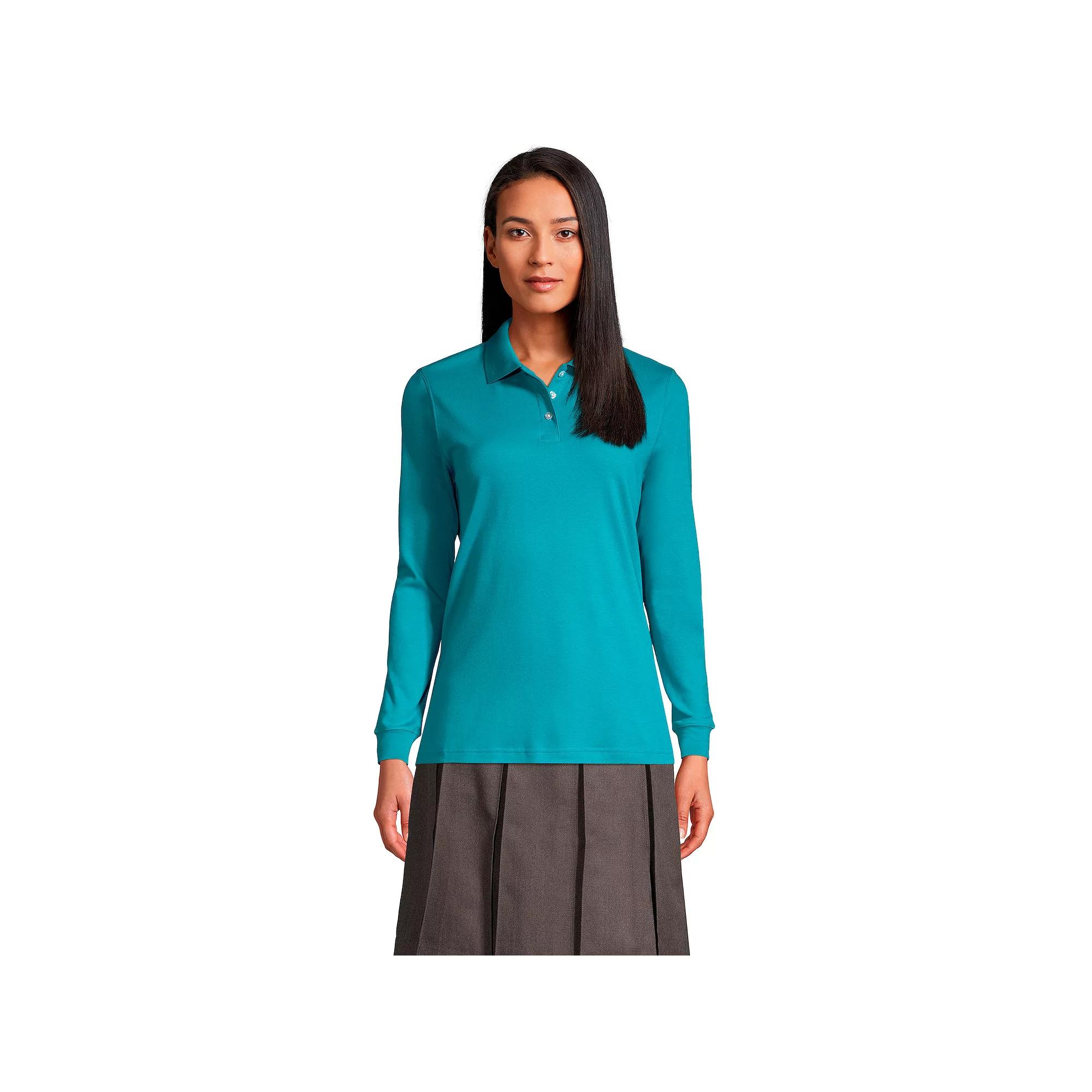Women's Lands' End School Uniform Long Sleeve 3-Button Interlock Polo Shirt,  Product Image