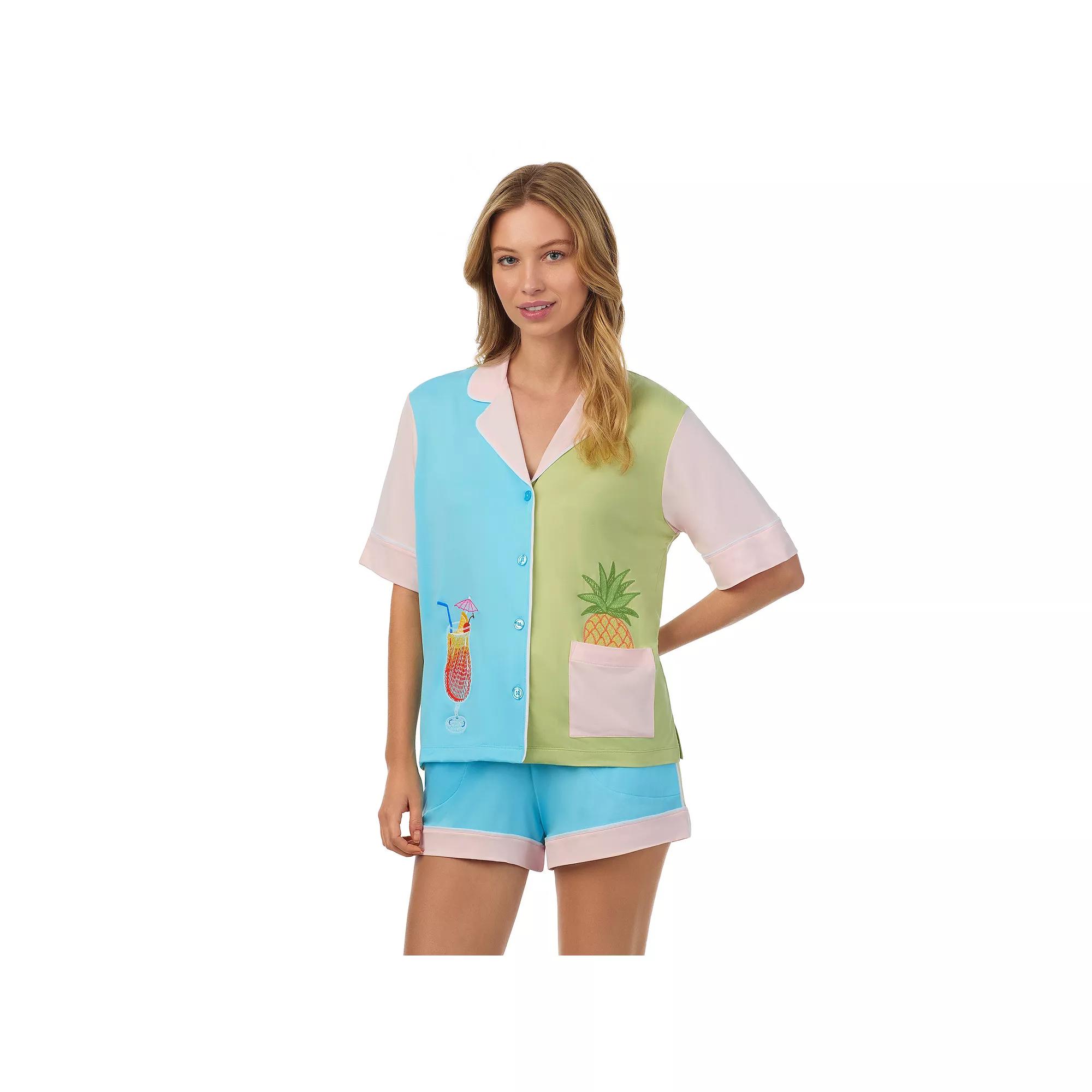 Women's Beauty Sleep Social Short Sleeve Button Front Pajama Top & Pajama Boxer Set, Girl's, Size: Small, Cariblue Product Image