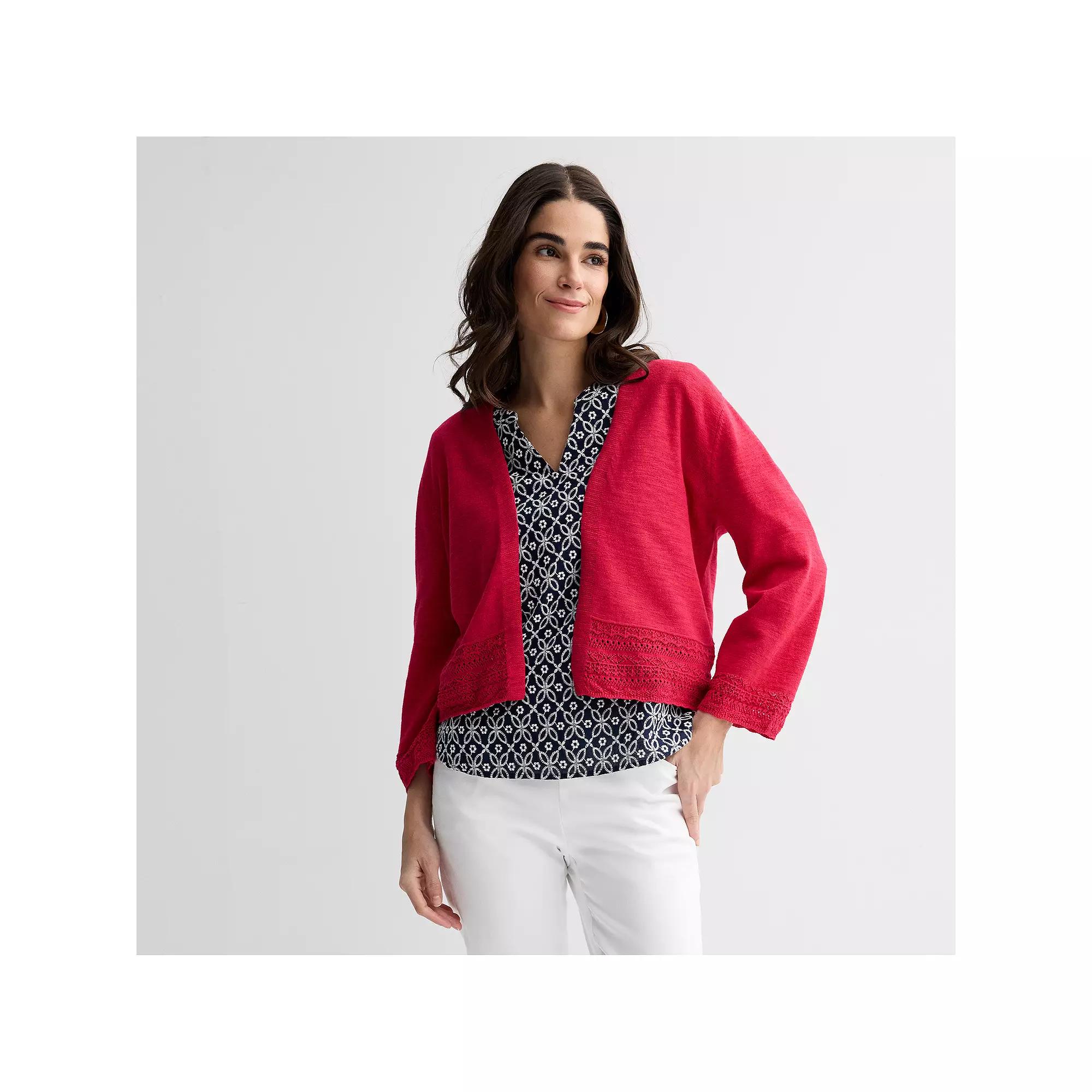 Petite Croft & Barrow® Pointelle Lace Hem Cardigan, Women's, Size: Medium Petite, Maui Pink Product Image