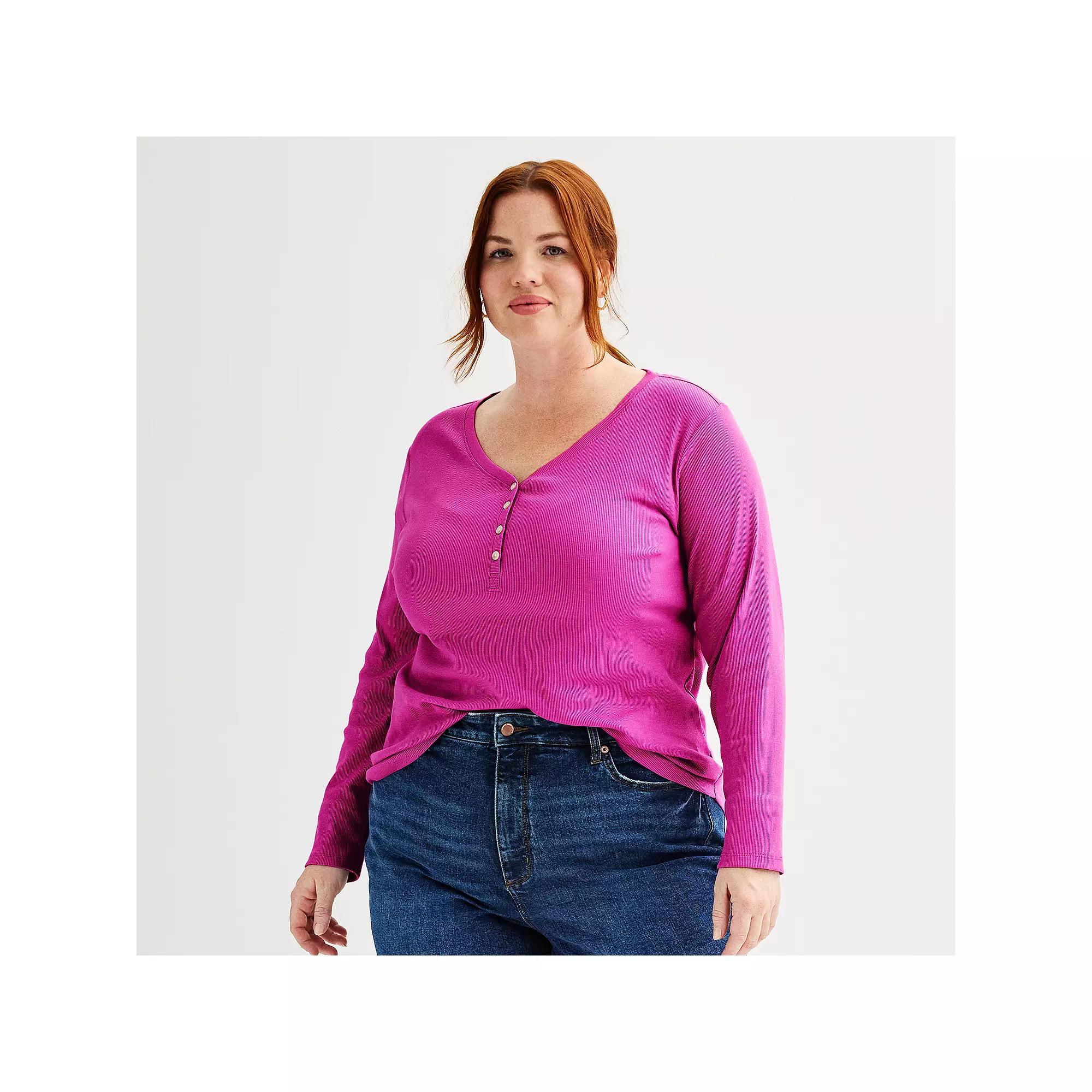 Plus Size Sonoma Goods For Life® Ribbed Long Sleeve Henley, Women's, Size: 2XL, Fantasy Pink Product Image