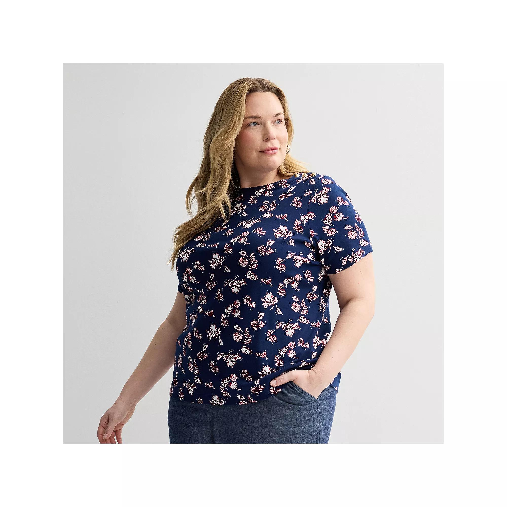 Plus Size Croft & Barrow® Button Shoulder Tee, Women's, Size: 5XL, Blue Dainty Floral Product Image