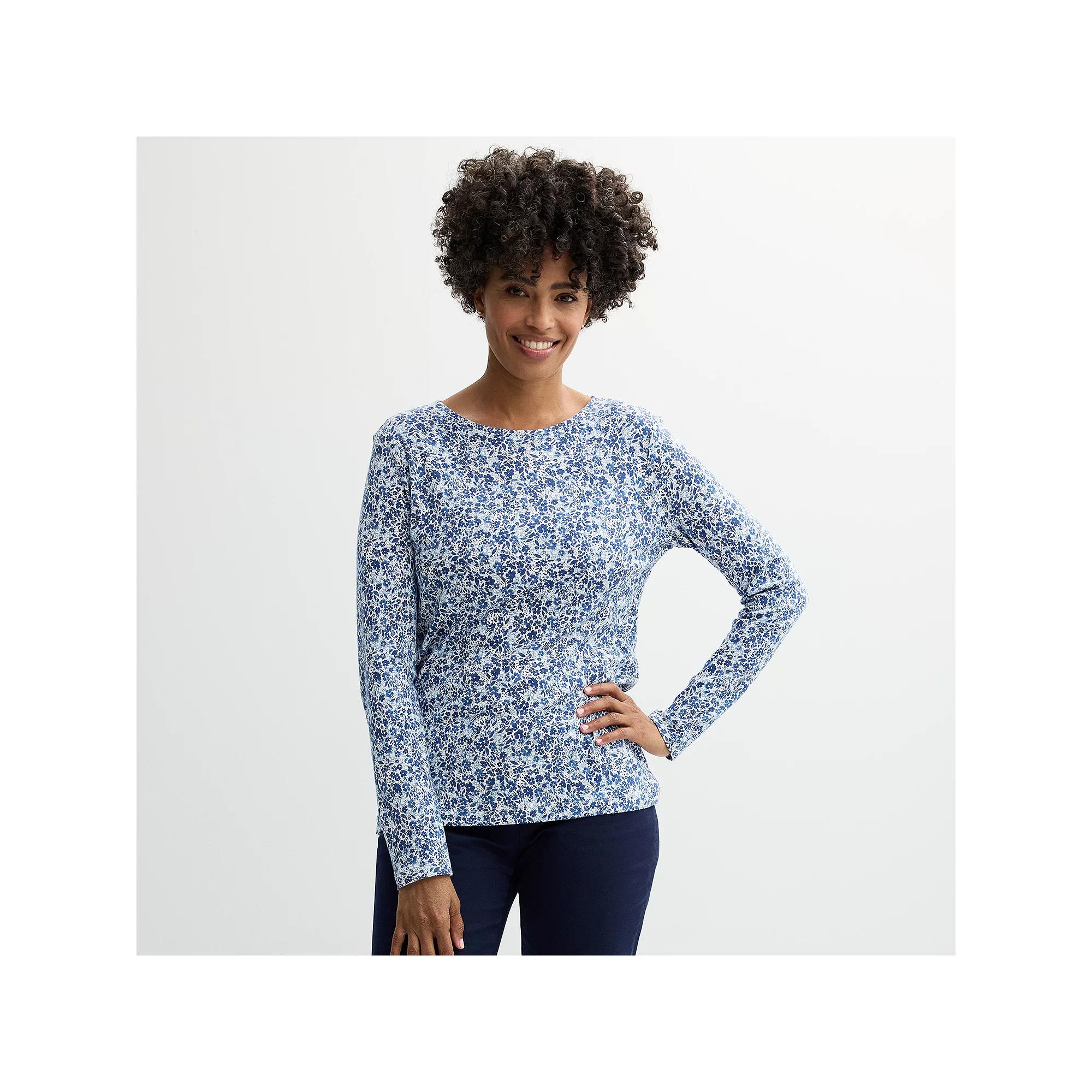 Women's Croft & Barrow® Essential Long-Sleeve Crewneck Tee, Size: XS, Blue Ditsy Floral Product Image