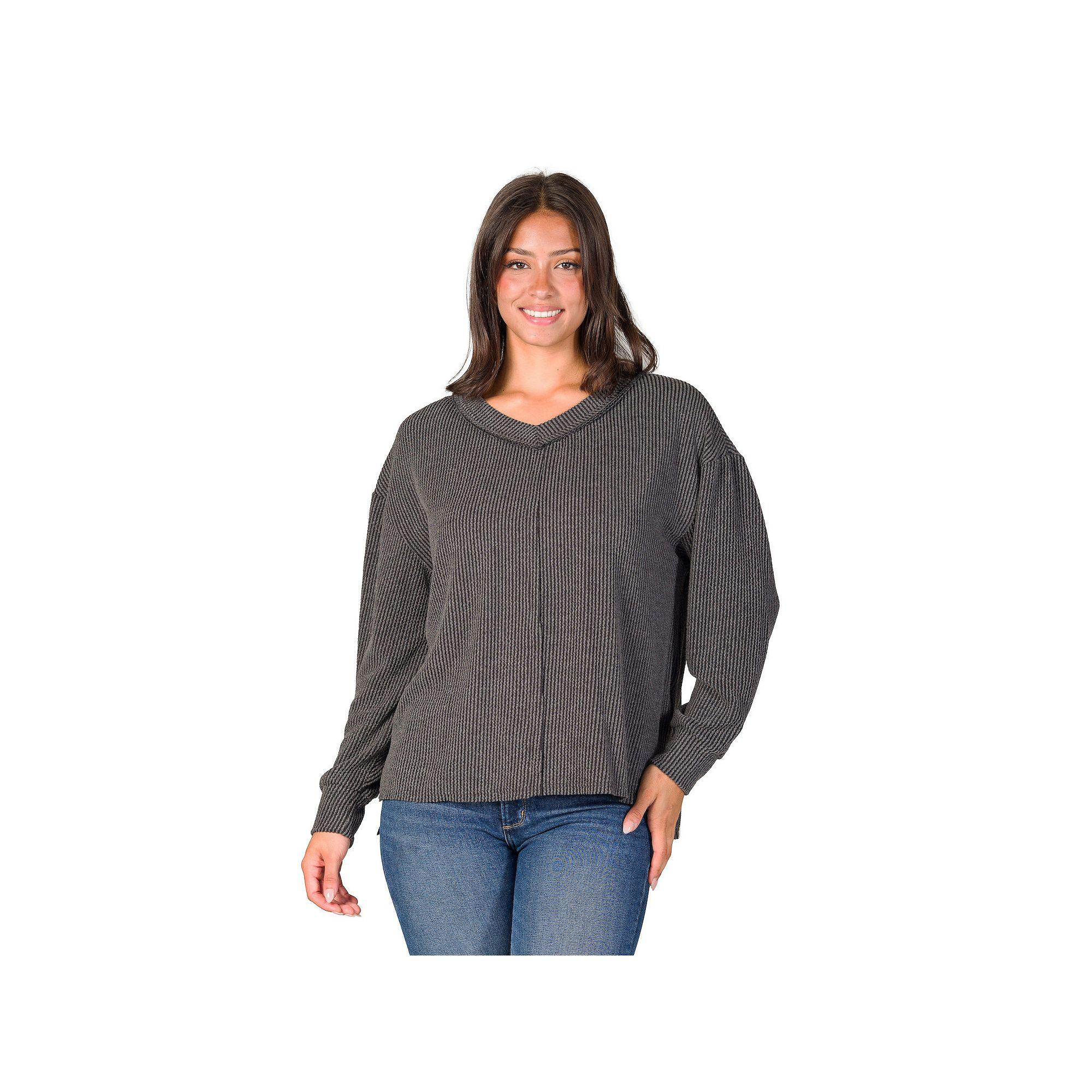 Women's 24Seven Comfort Apparel Relaxed Fit Ribbed V Neck Sweater Top,  Product Image