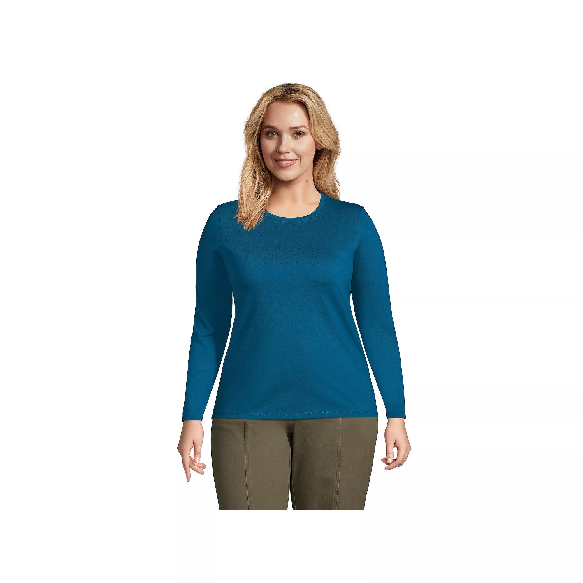 Plus Size Lands' End Long Sleeve Relaxed Supima Cotton Crewneck Tee, Women's, Size: 1XL, Ivory Black Stripe Product Image