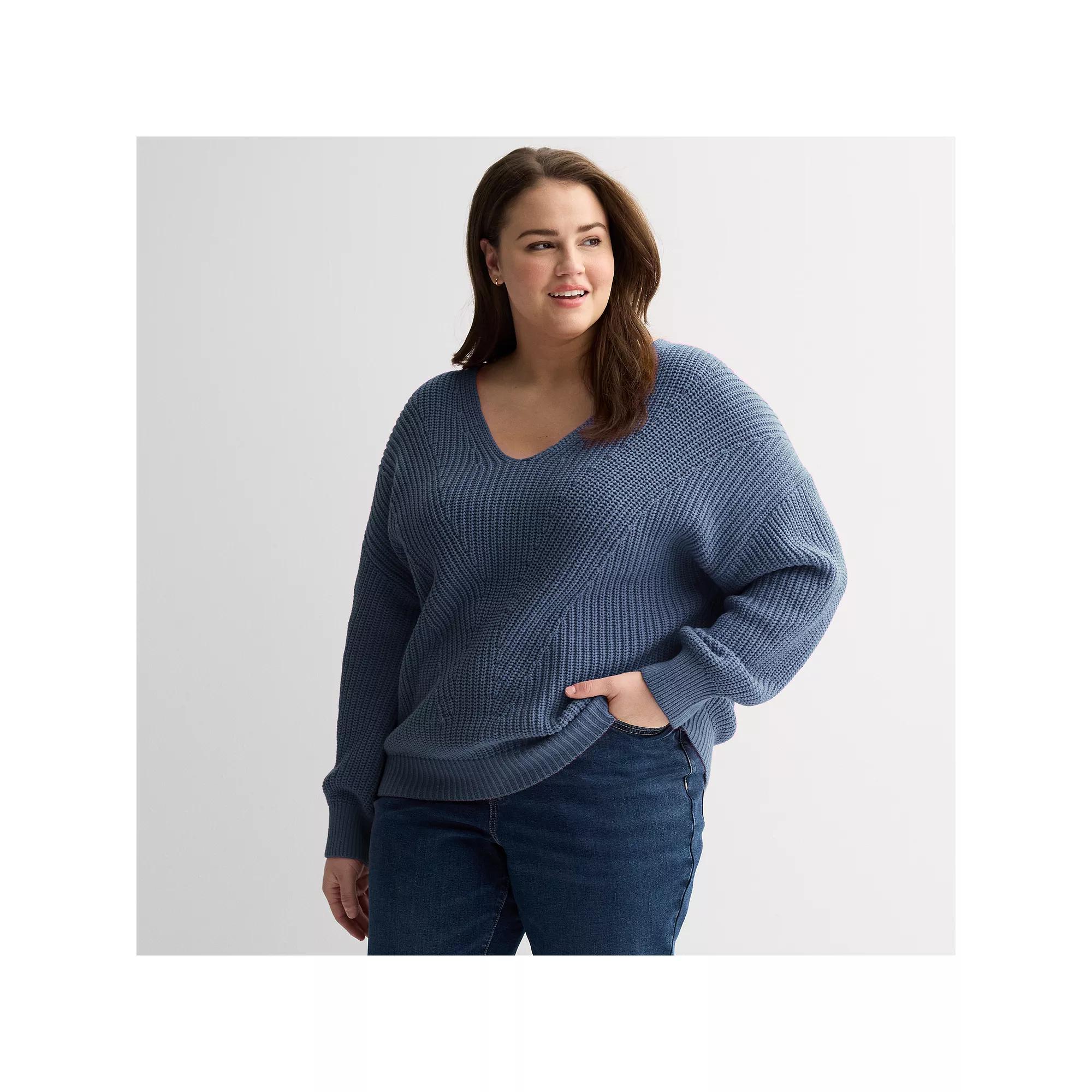 Plus Size Sonoma Goods For Life Mixed Stitch V-Neck Sweater, Women's, Size: 1XL, Blue Product Image