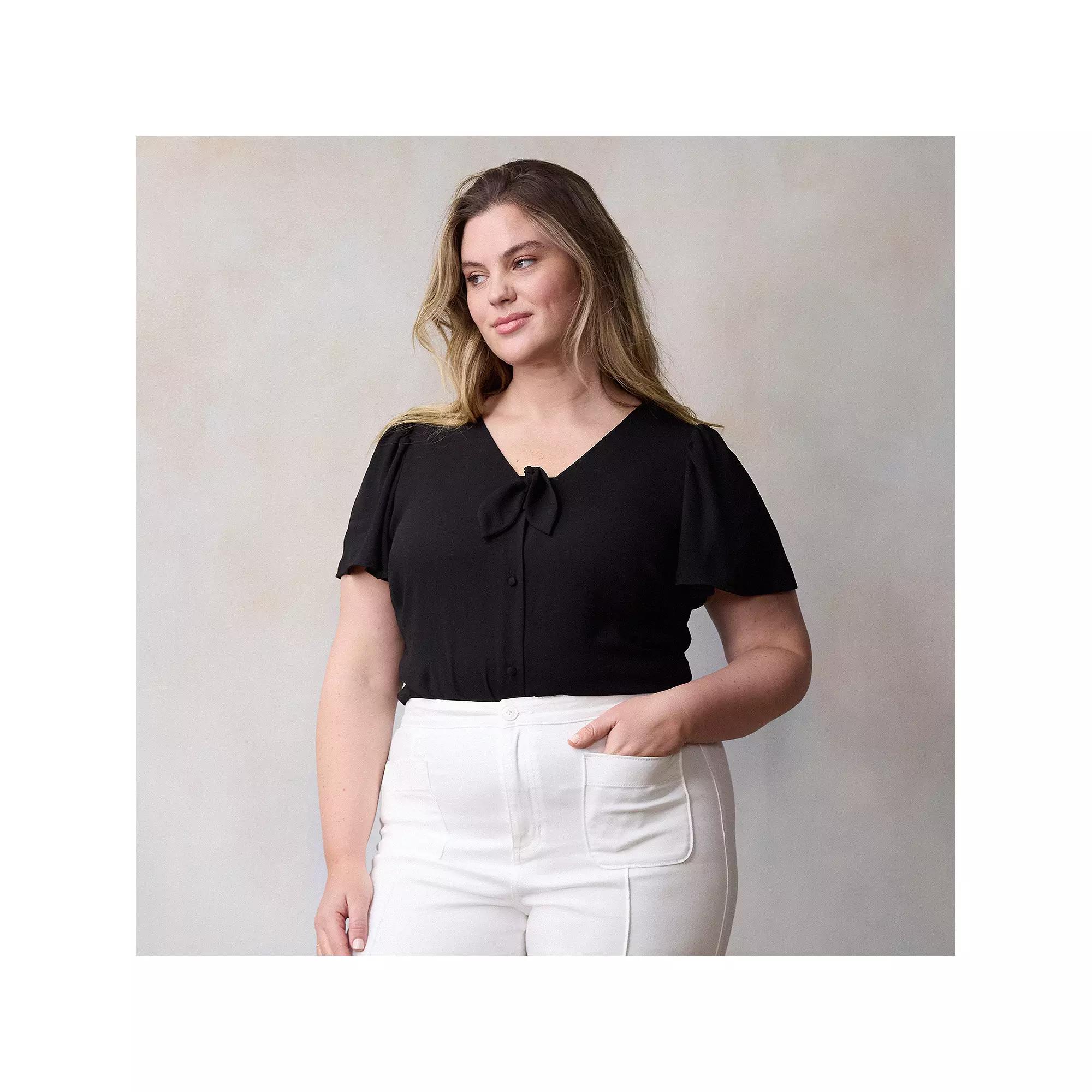 Plus Size LC Lauren Conrad Woven Tie-Front Flutter Sleeve Top, Women's, Size: 3XL, Black Product Image