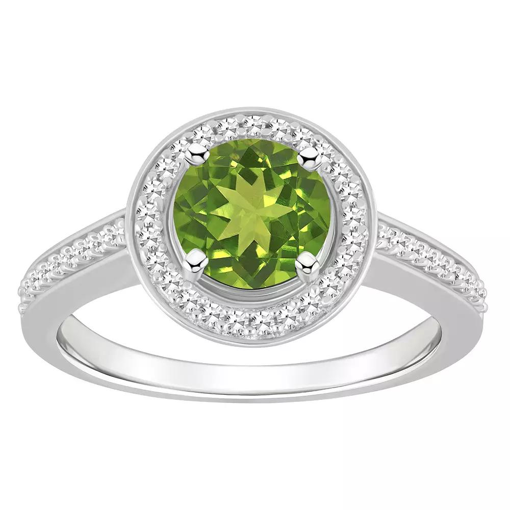 Celebration Gems Sterling Silver 7 mm Round Gemstone & 1/5 Carat T.W. Diamond Halo Ring, Women's, Peridot Product Image