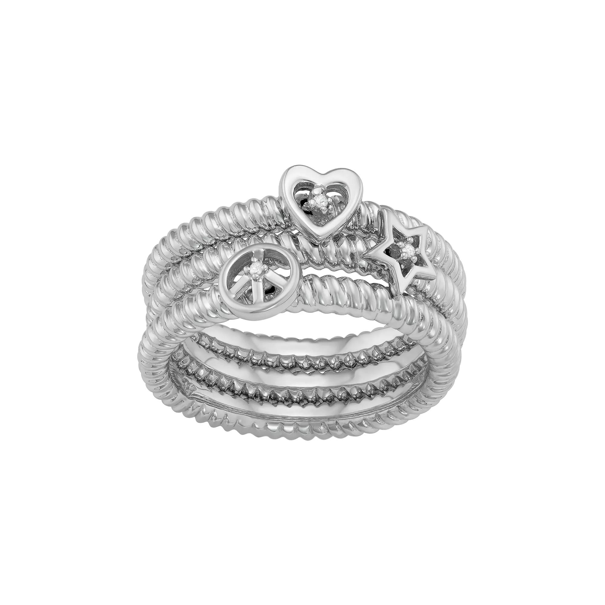 Jewelexcess Sterling Silver Diamond Accent Heart, Star & Peace Sign Stack Ring Set, Women's, Size: 6, Silver Tone Product Image