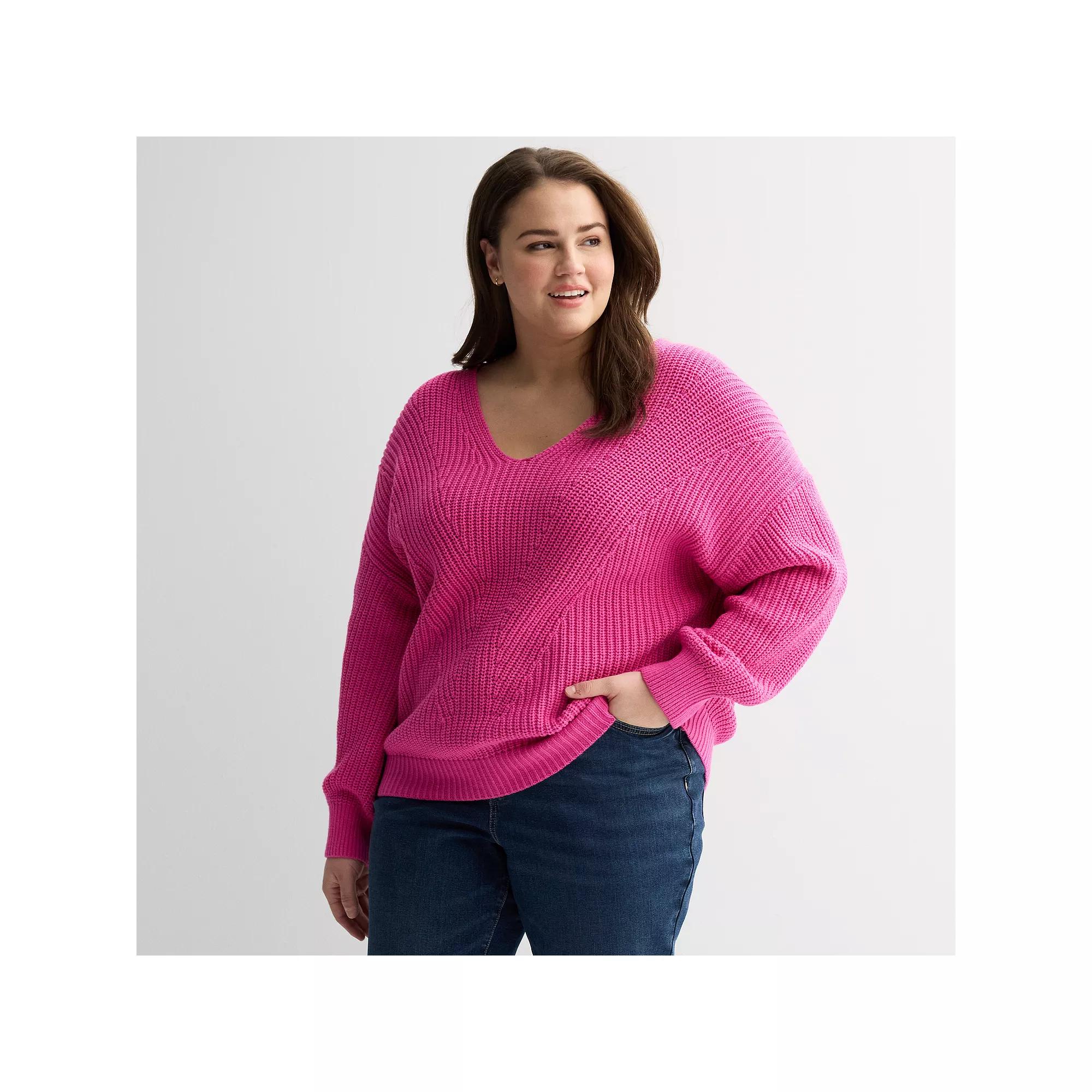 Plus Size Sonoma Goods For Life Mixed Stitch V-Neck Sweater, Women's, Size: 3XL, Purple Product Image